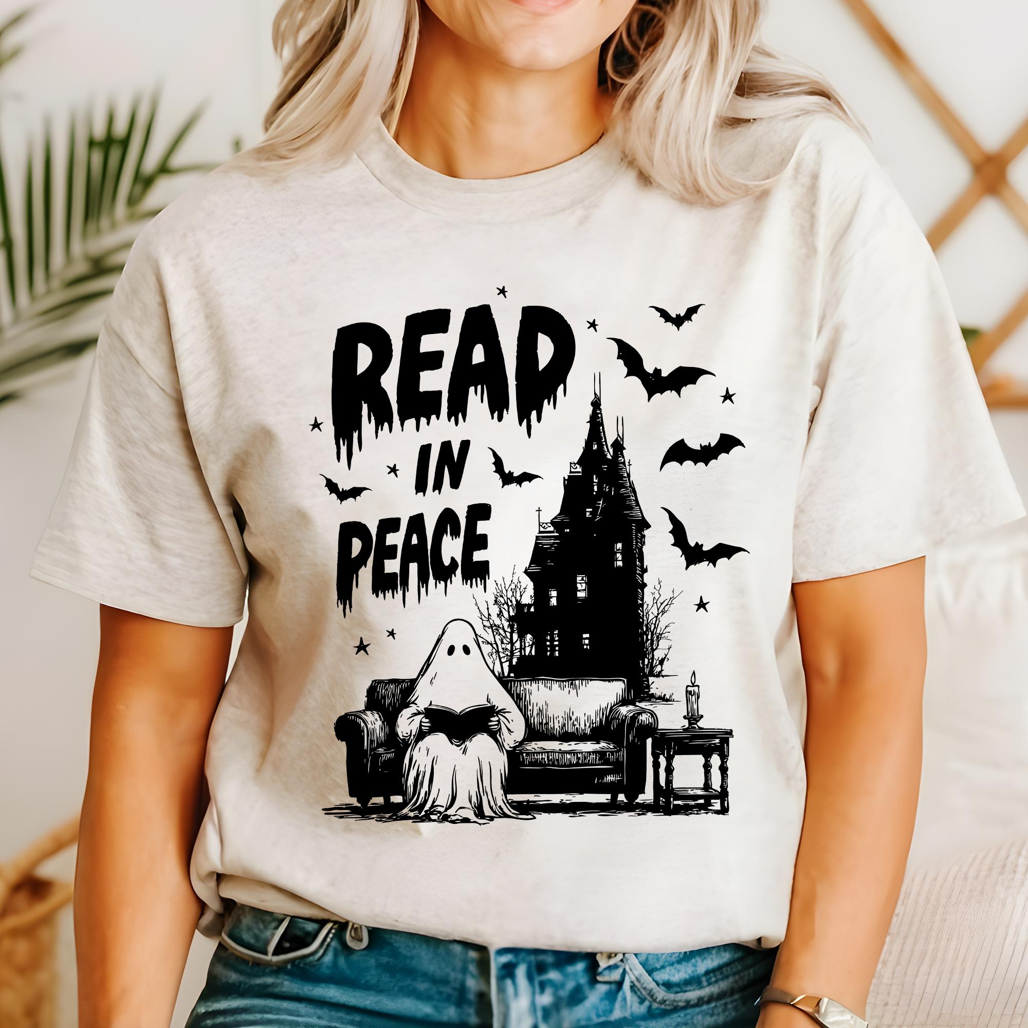 Read In Peace Ghost Haunted Halloween Spooky Bookish Library Booktok Graphic Tee
