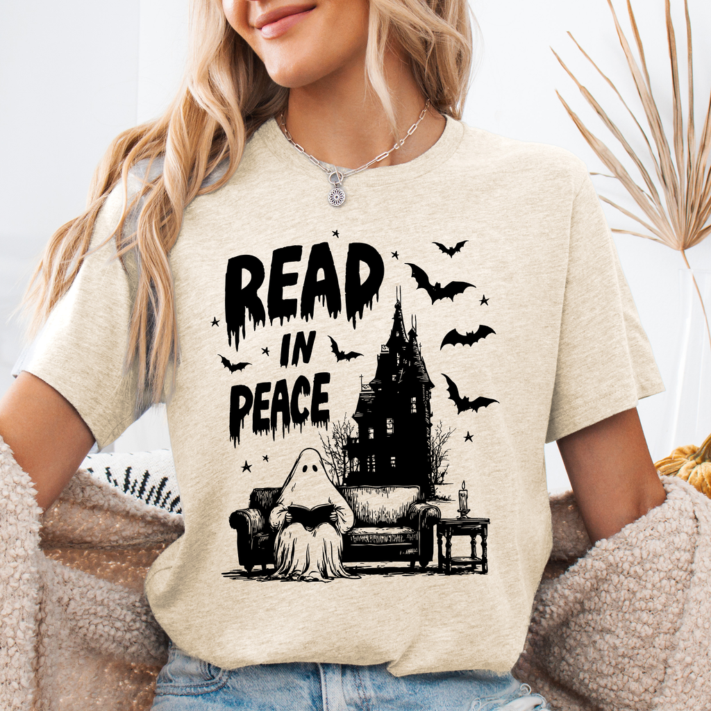Read In Peace Ghost Haunted Halloween Spooky Bookish Library Booktok Graphic Tee