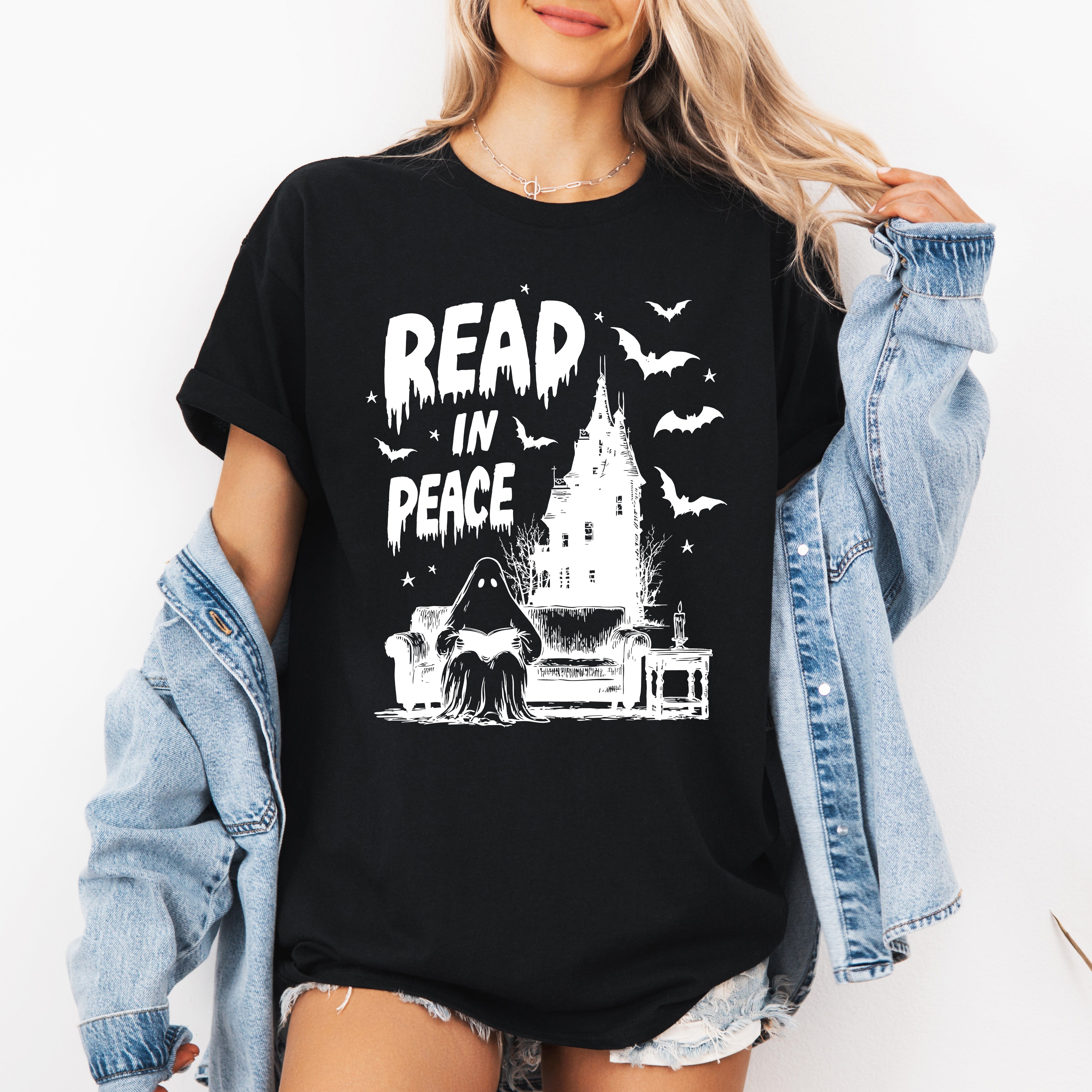 Read In Peace Ghostly Library Night Harvest Halloween Bookish Edition Graphic Tee
