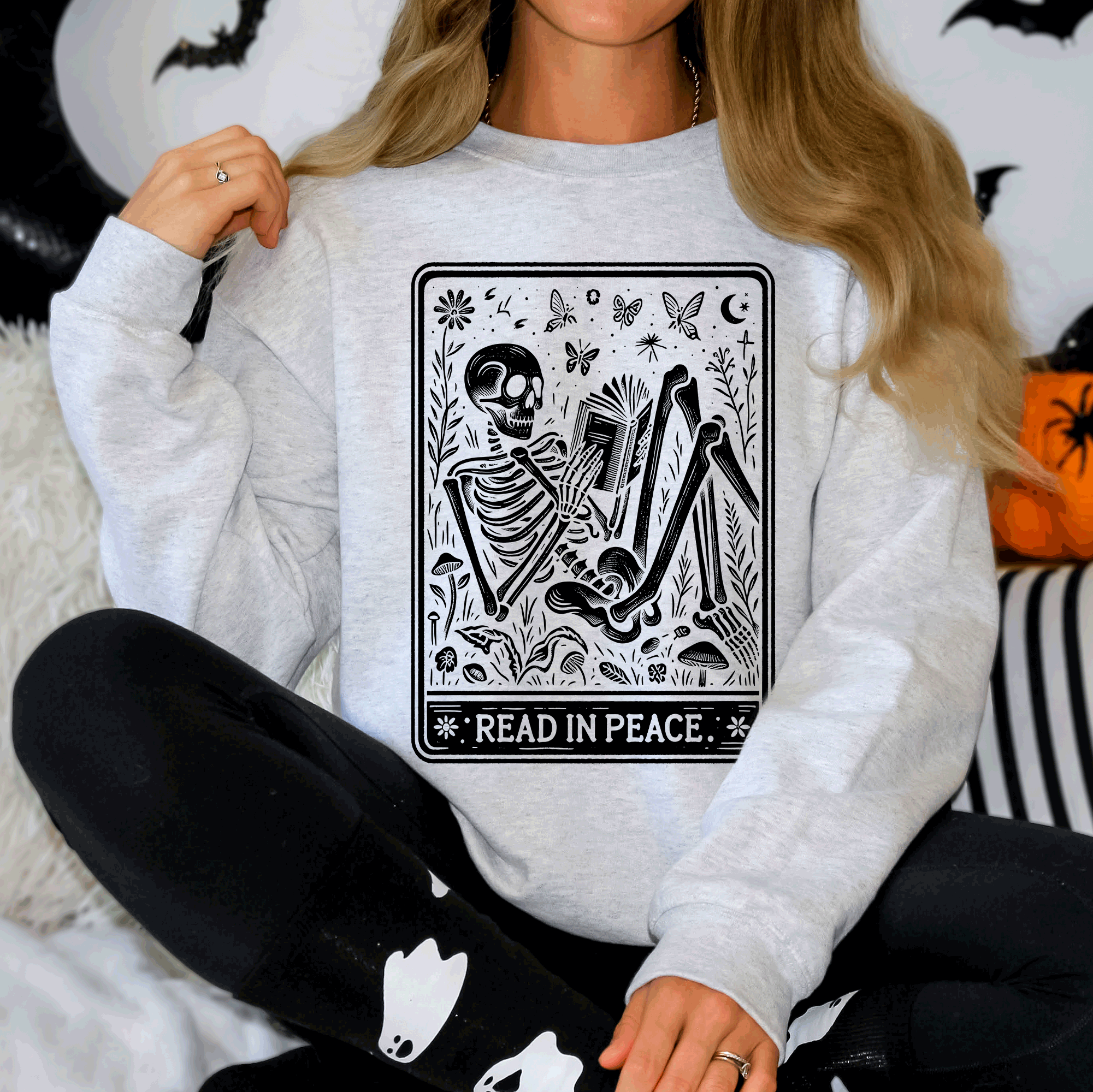 Read In Peace Halloween Skeleton Tarot Books Library Collection Graphic Sweatshirt