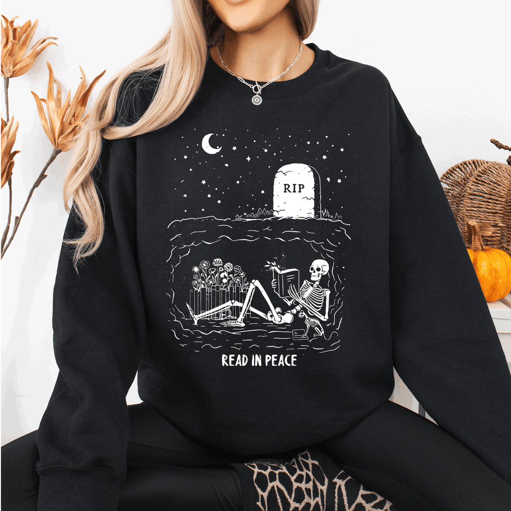 Read In Peace Skeleton RIP Halloween Booktok Bookish Library Novel Lover Graphic Sweatshirt