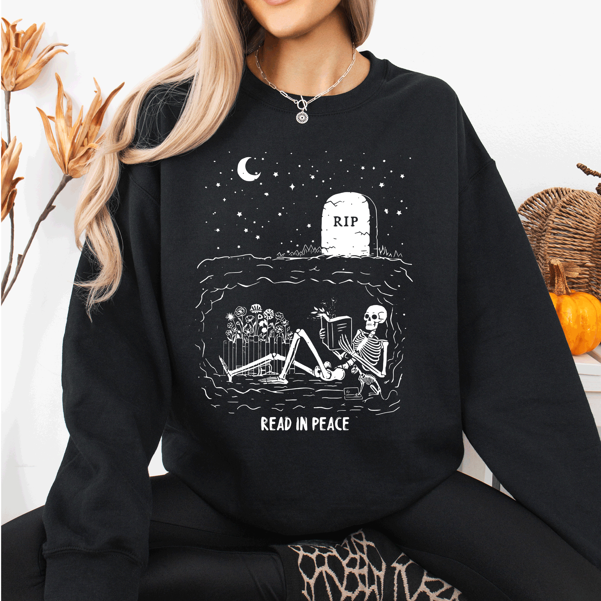 Read In Peace Skeleton RIP Halloween Booktok Bookish Library Novel Lover Graphic Sweatshirt