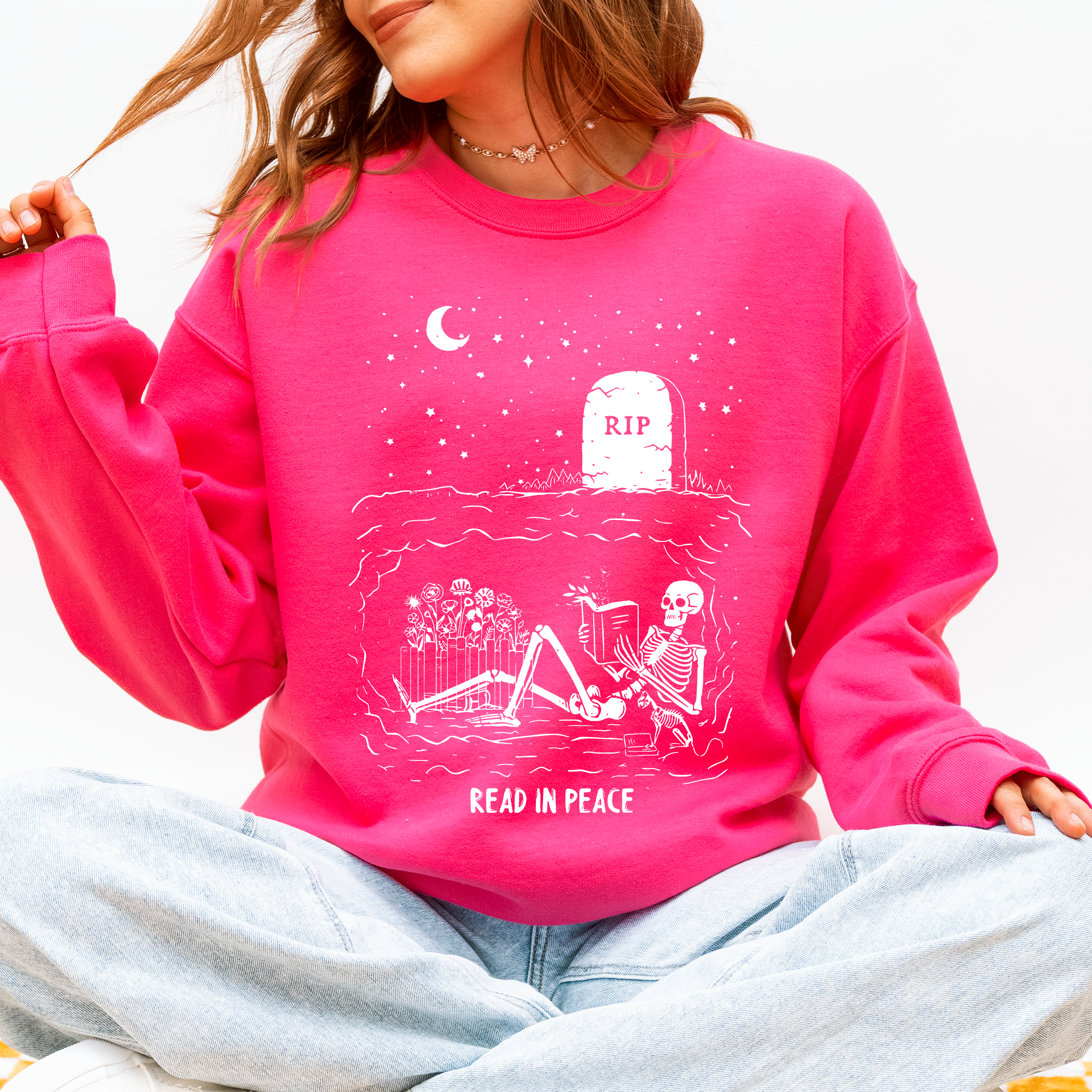 Read In Peace Skeleton RIP Halloween Booktok Bookish Library Novel Lover Graphic Sweatshirt