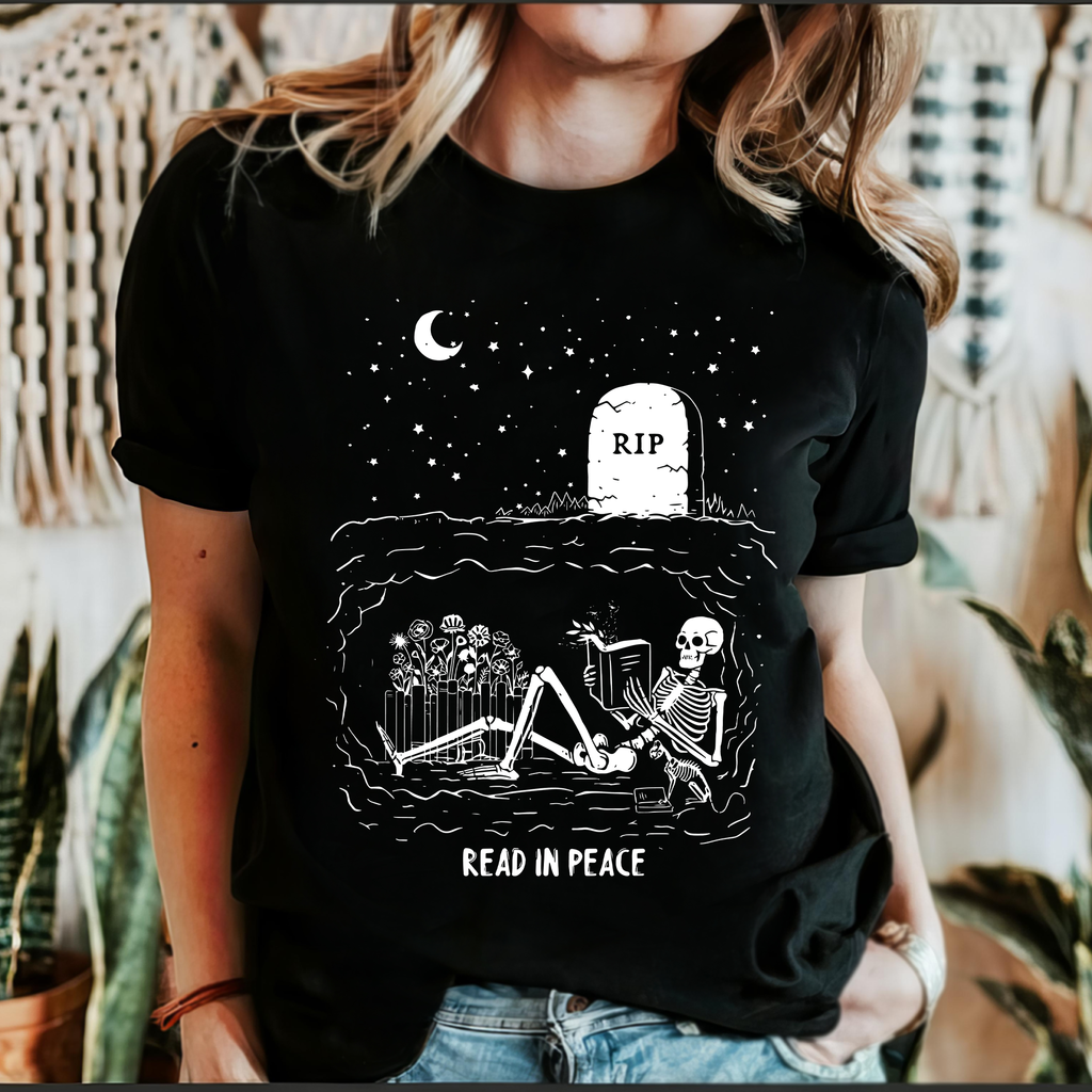Read In Peace Skeleton RIP Halloween Booktok Library Bookish Spooky Dark Graphic Tee