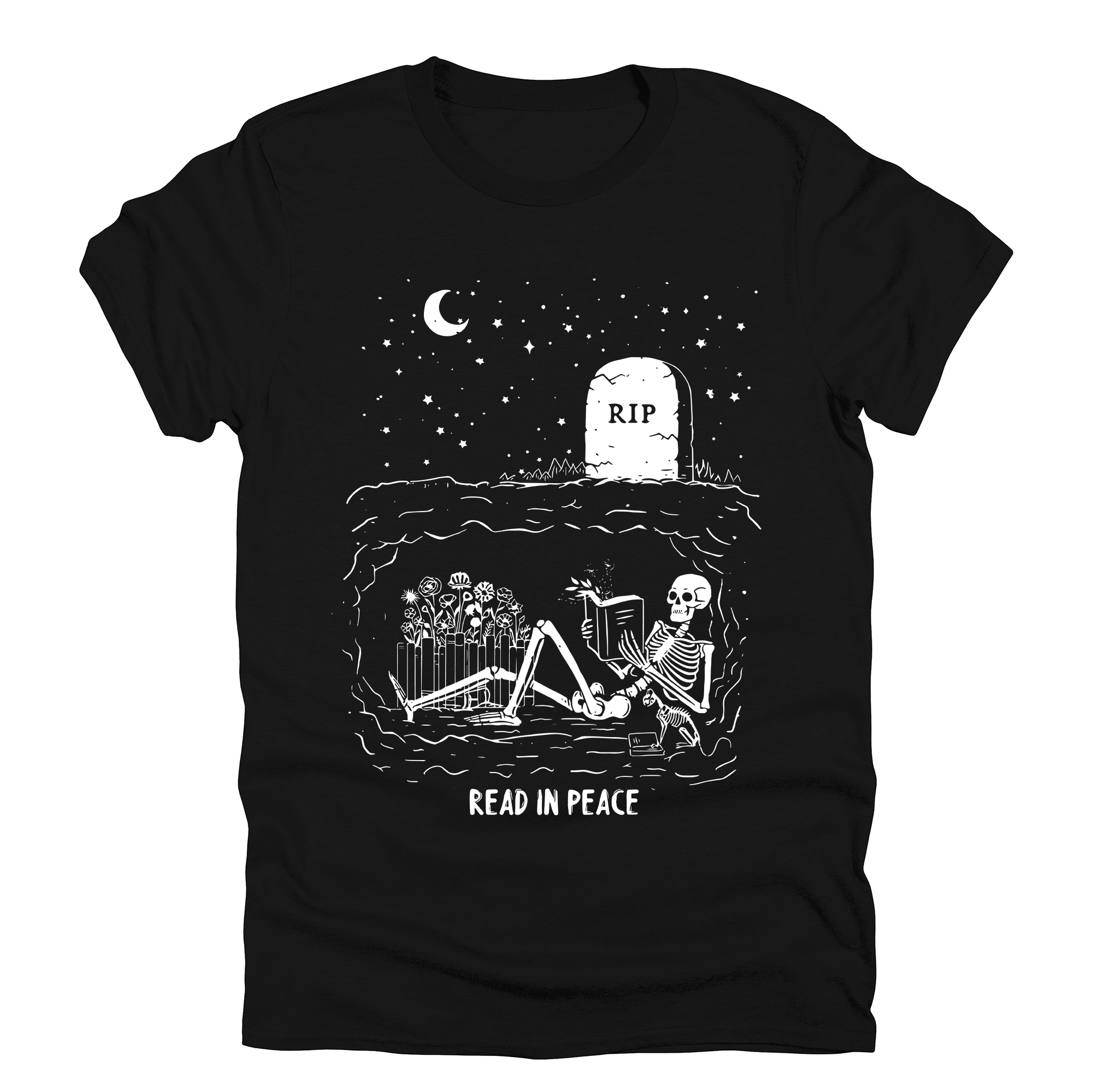 Read In Peace Skeleton RIP Halloween Booktok Library Bookish Spooky Dark Graphic Tee