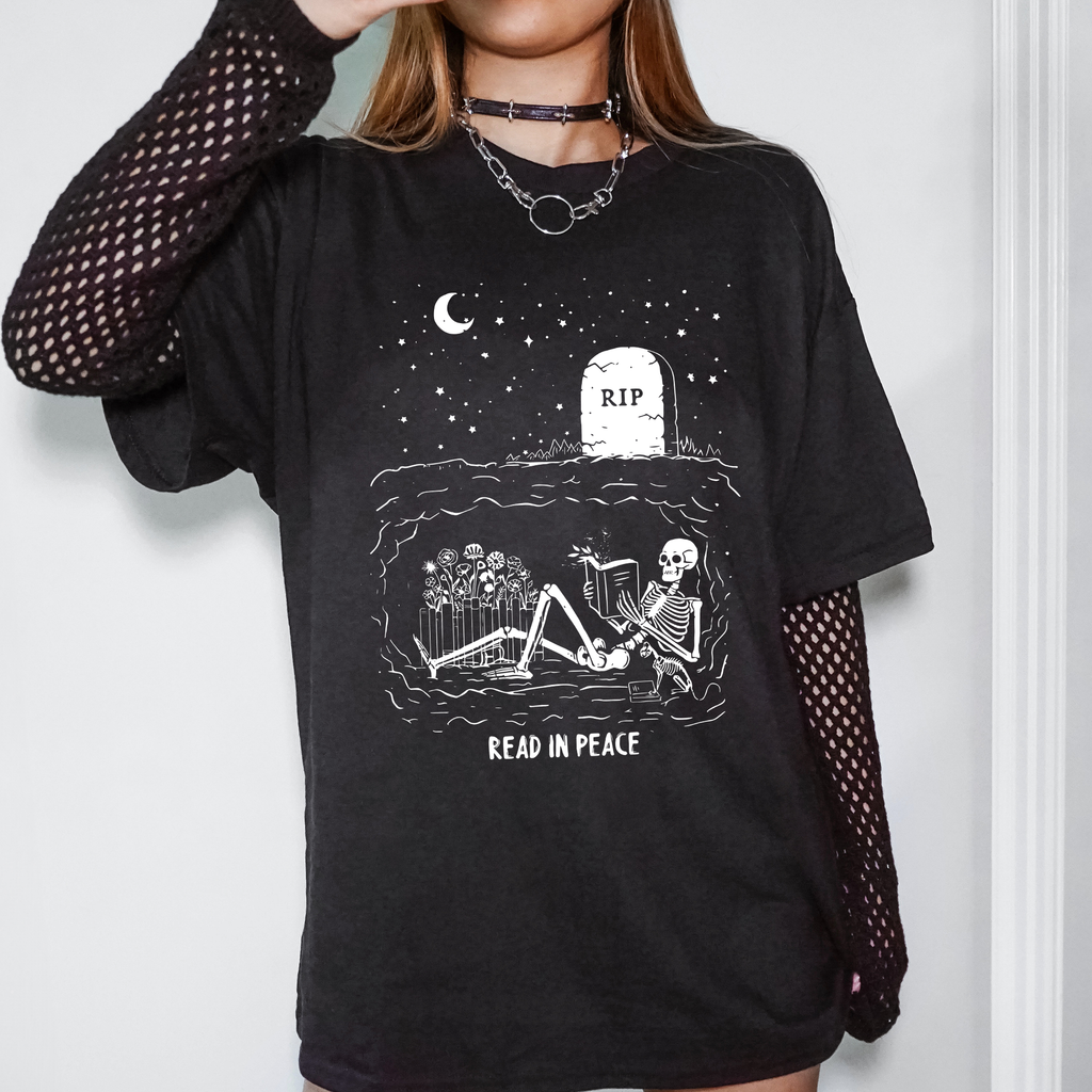 Read In Peace Skeleton RIP Halloween Booktok Library Bookish Spooky Dark Graphic Tee
