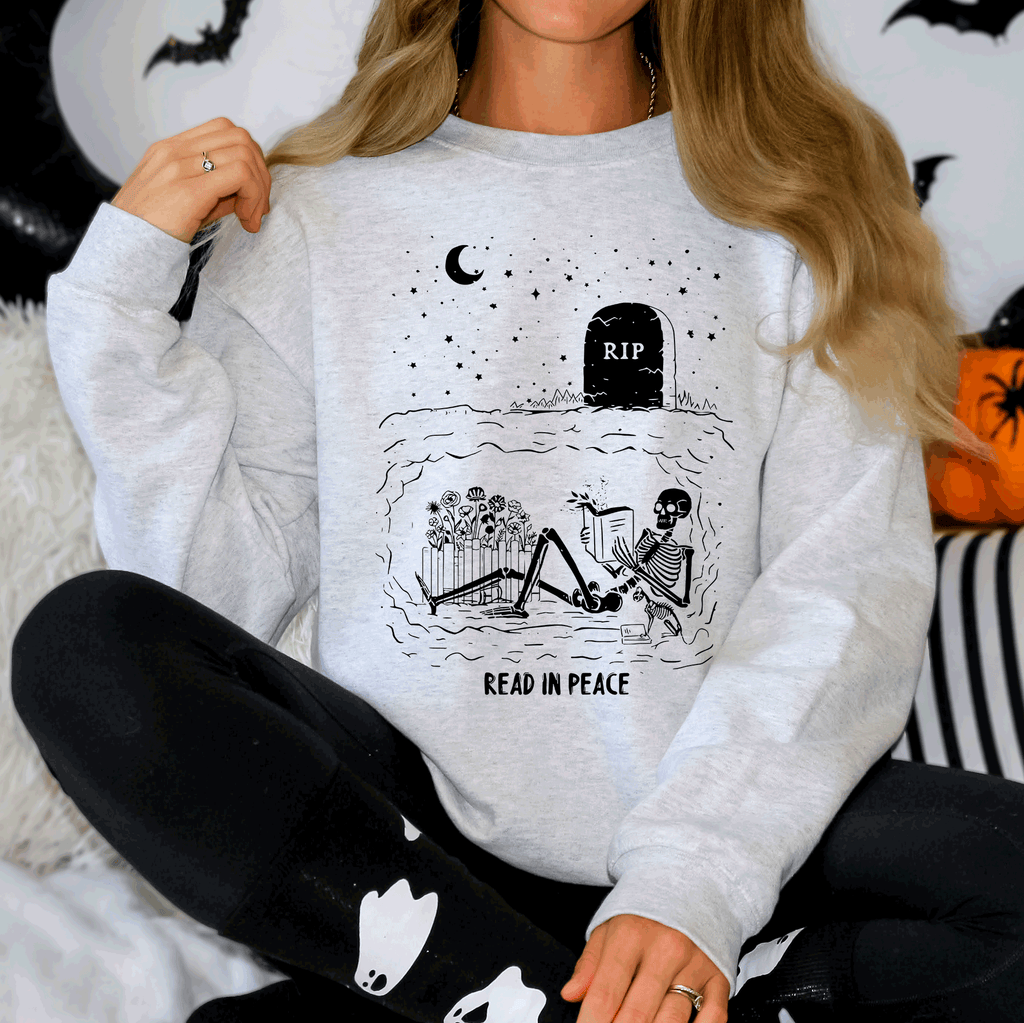 Read In Peace Skeleton RIP Halloween Booktok Bookish Library Novel Lover Graphic Sweatshirt