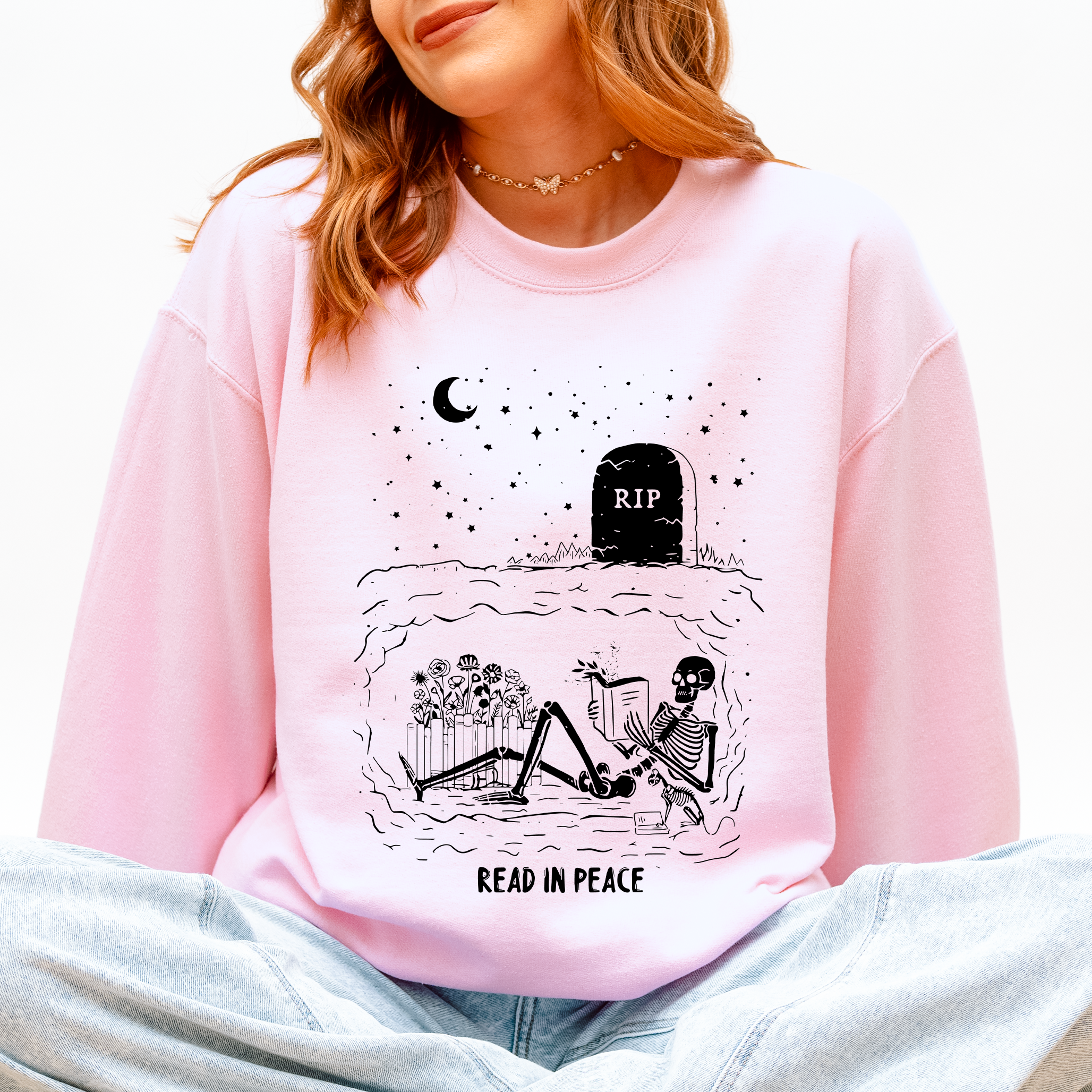 Read In Peace Skeleton RIP Halloween Booktok Bookish Library Novel Lover Graphic Sweatshirt