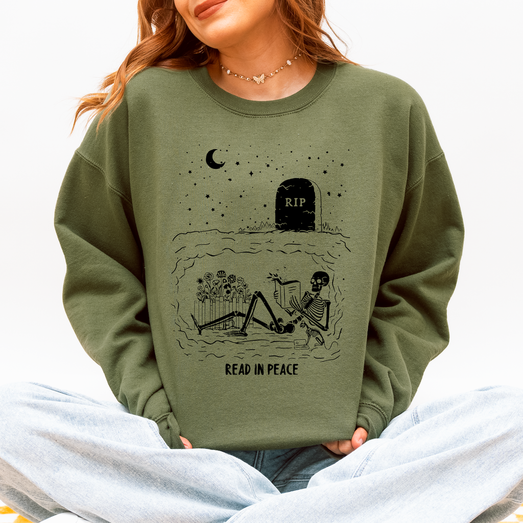 Read In Peace Skeleton RIP Halloween Booktok Bookish Library Novel Lover Graphic Sweatshirt