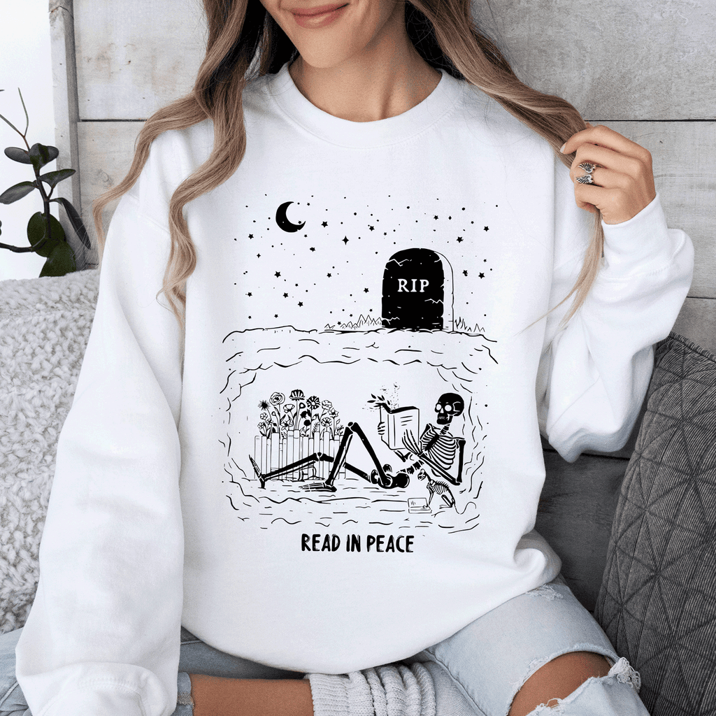 Read In Peace Skeleton RIP Halloween Booktok Bookish Library Novel Lover Graphic Sweatshirt