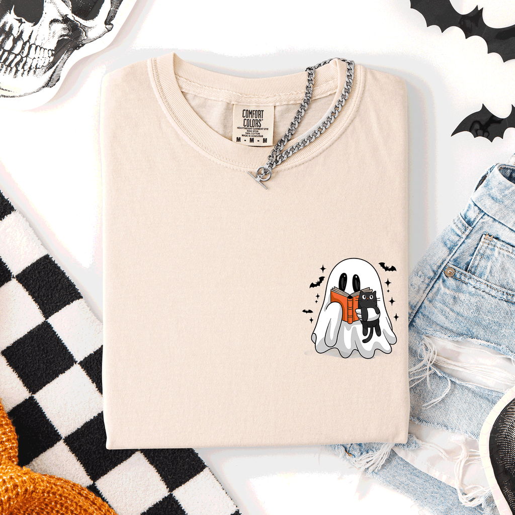 Reading Ghost Cat Funny Halloween Book Library Pocket Edition Comfort Colors Tee