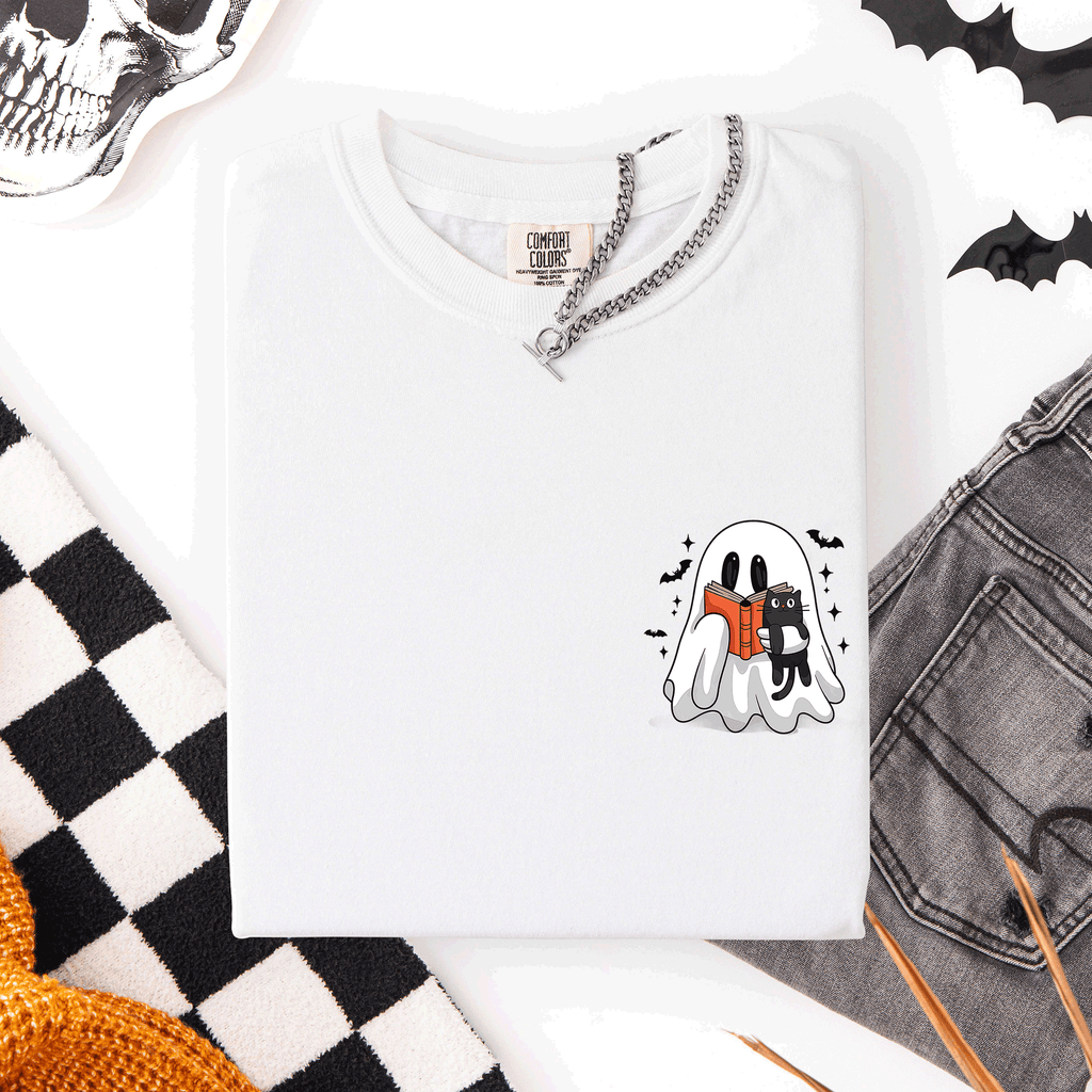 Reading Ghost Cat Funny Halloween Book Library Pocket Edition Comfort Colors Tee