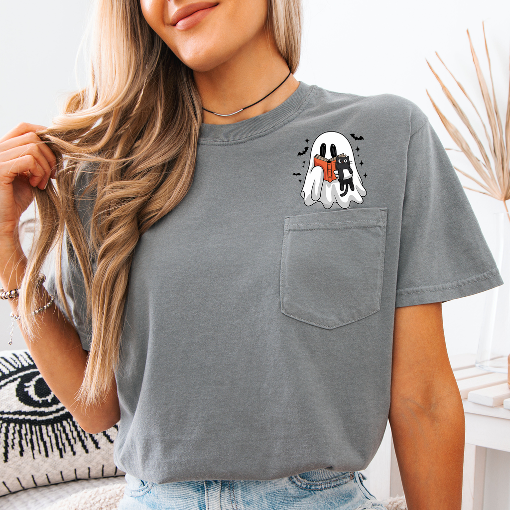 Reading Ghost And Cat Reading A Book By The Library Shelf On Halloween Night Comfort Colors Tee