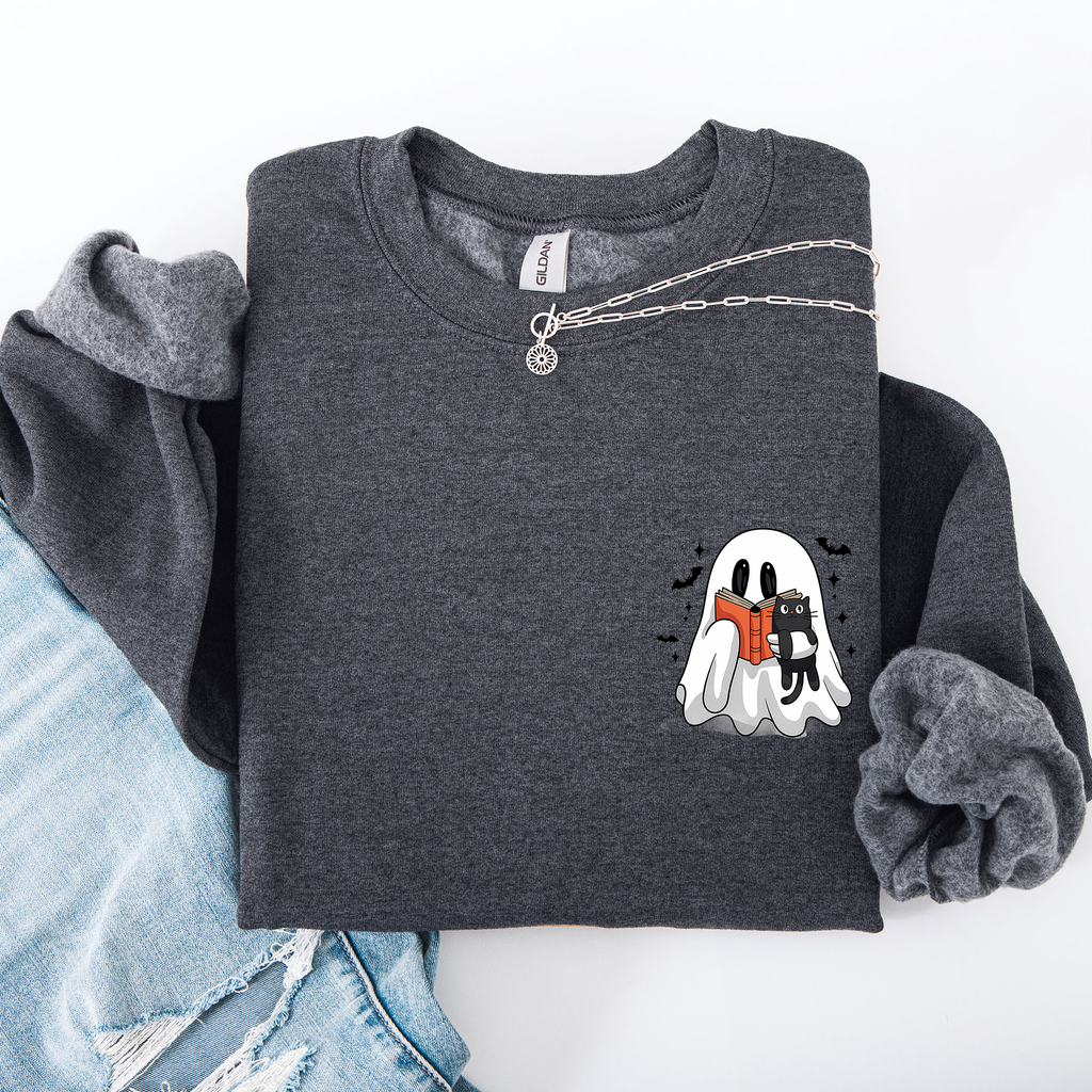 Reading Ghost Cat Funny Halloween Book Library Spooky Cozy Night Pocket Sweatshirt