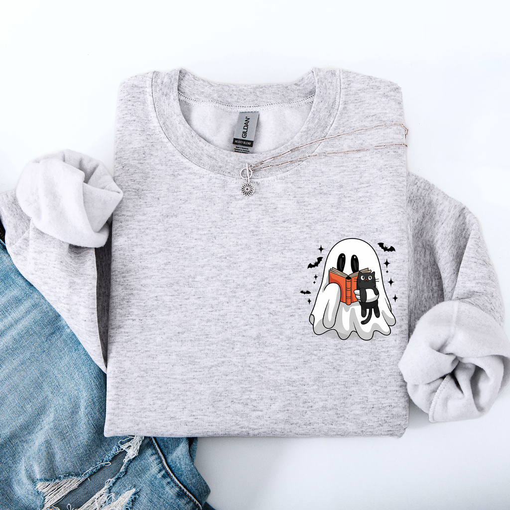 Reading Ghost Cat Funny Halloween Book Library Spooky Cozy Night Pocket Sweatshirt
