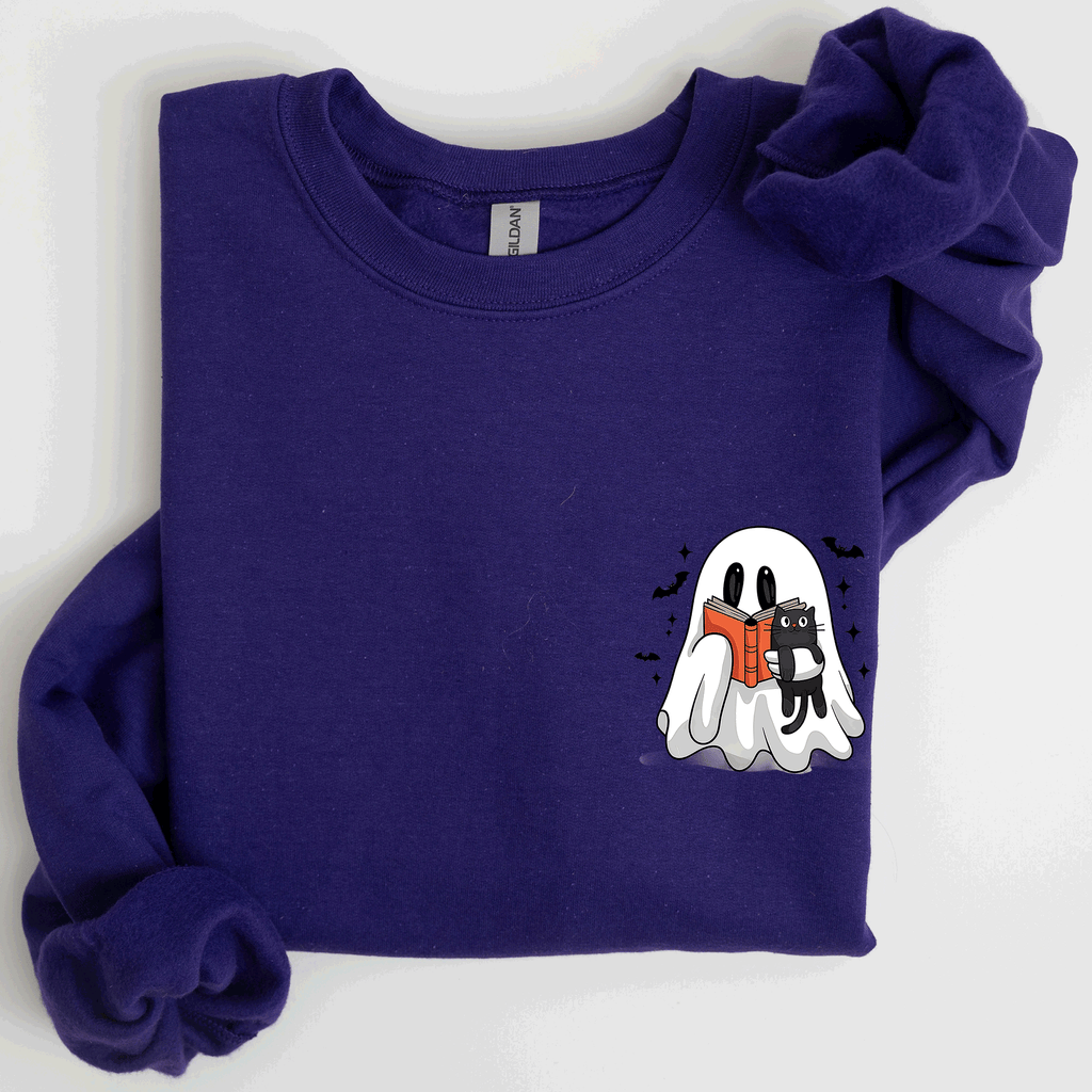 Reading Ghost Cat Funny Halloween Book Library Spooky Cozy Night Pocket Sweatshirt