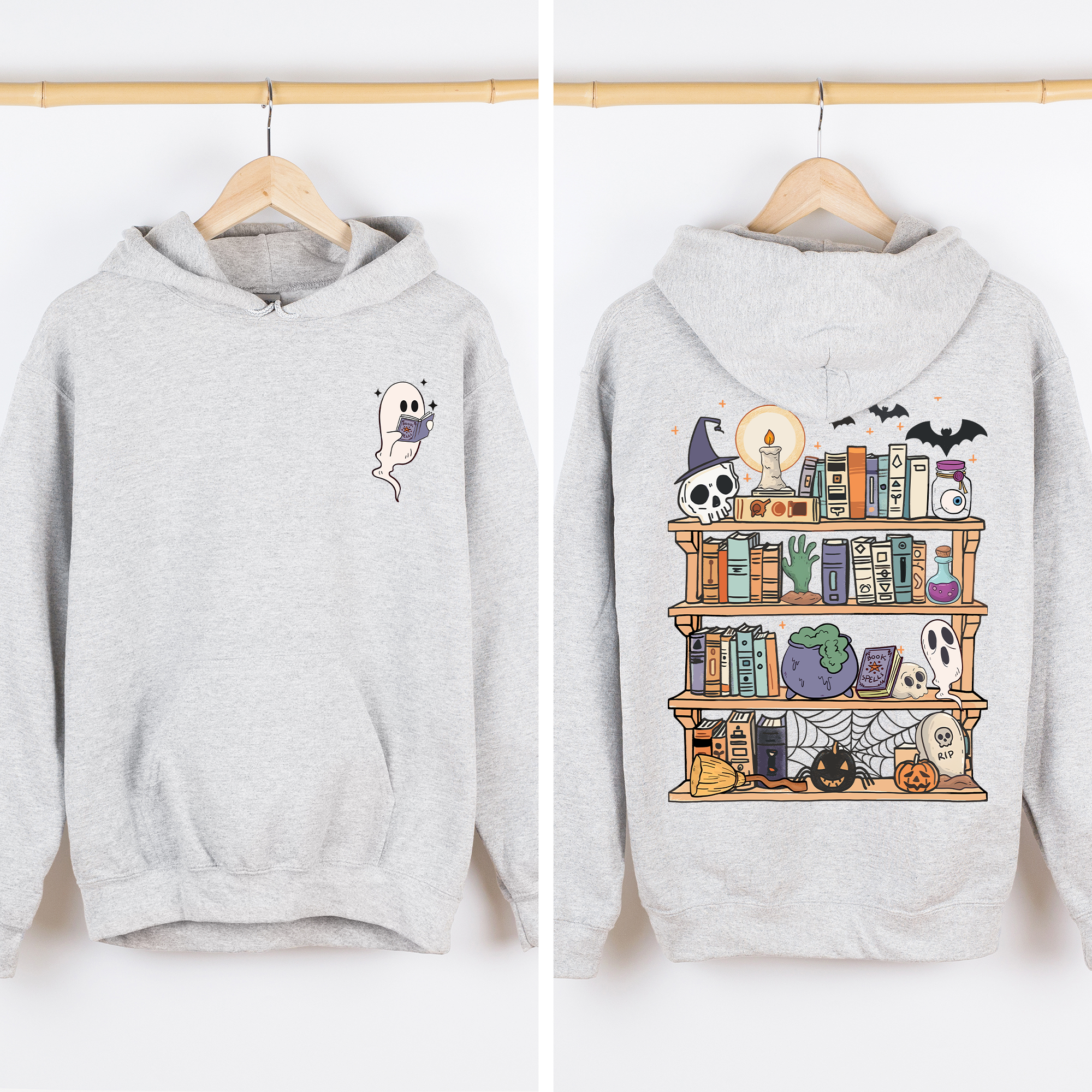 Reading Ghost Library Halloween Spooky Front Back Teacher Boo Story Time Graphic Hoodie