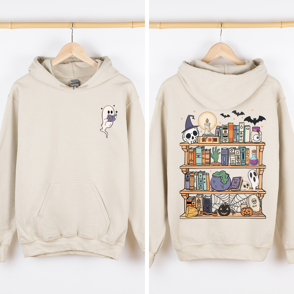 Reading Ghost Library Halloween Spooky Front Back Teacher Boo Story Time Graphic Hoodie