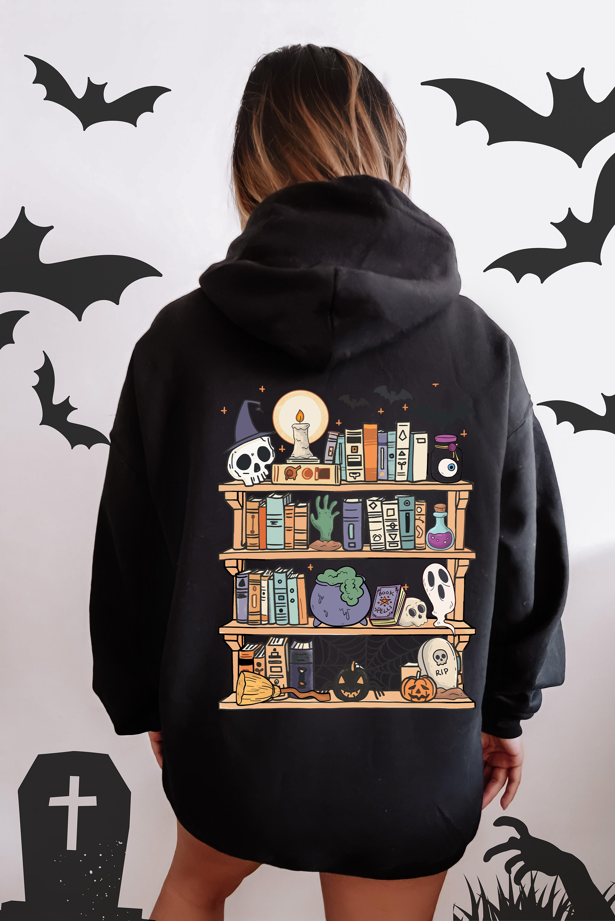 Reading Ghost Library Halloween Spooky Front Back Teacher Boo Story Time Graphic Hoodie