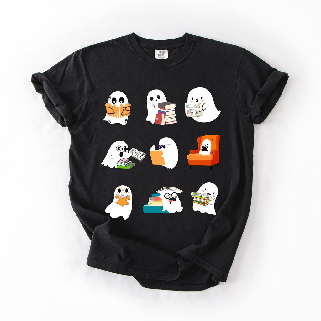 Reading Ghosts Halloween Library Books Scene Artwork Print Collection Comfort Colors Tee