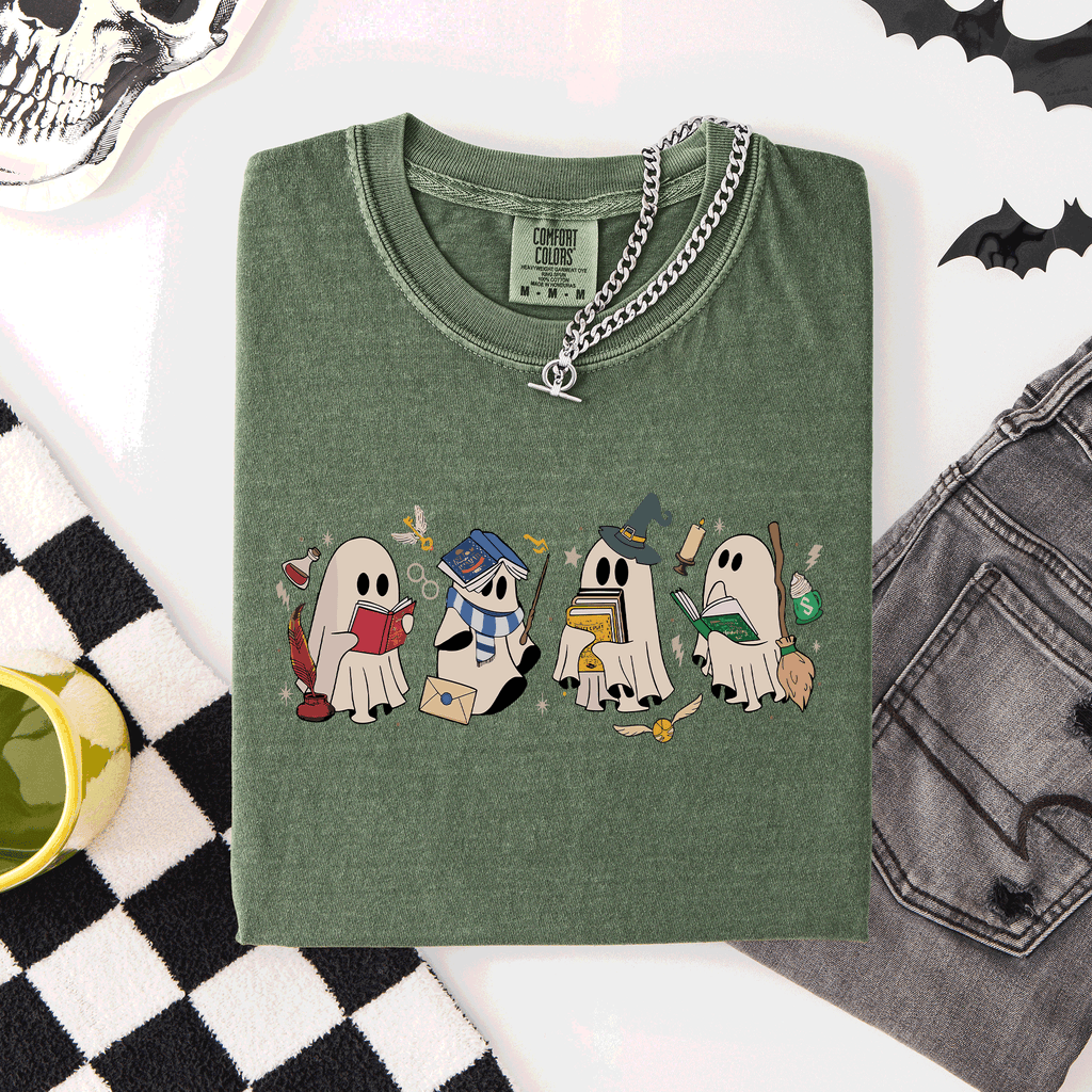 Reading Ghosts, Witches, Wizards Halloween Night Book Lovers Illustration Comfort Colors Tee