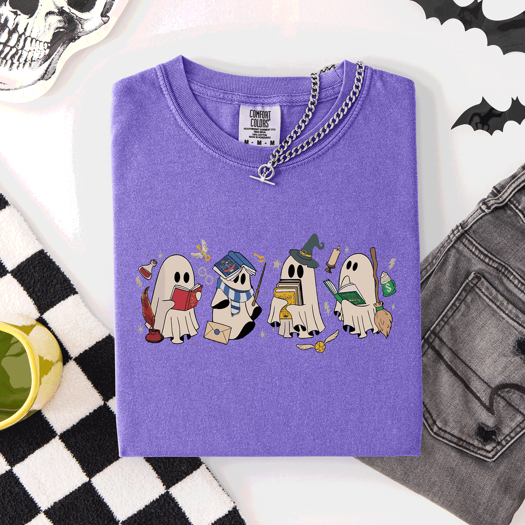 Reading Ghosts, Witches, Wizards Halloween Night Book Lovers Illustration Comfort Colors Tee