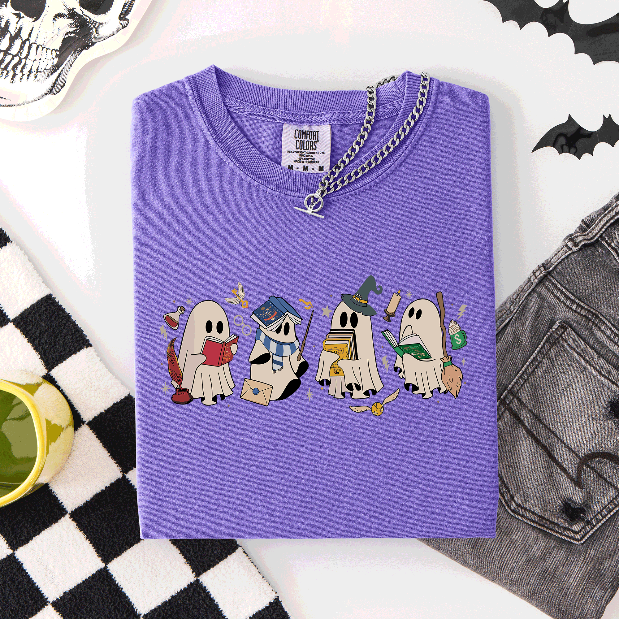 Reading Ghosts, Witches, Wizards Halloween Night Book Lovers Illustration Comfort Colors Tee