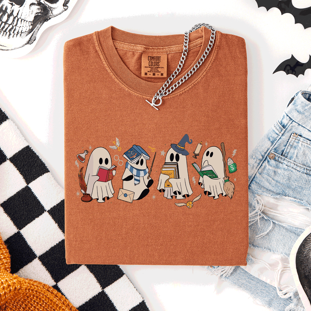 Reading Ghosts, Witches, Wizards Halloween Night Book Lovers Illustration Comfort Colors Tee