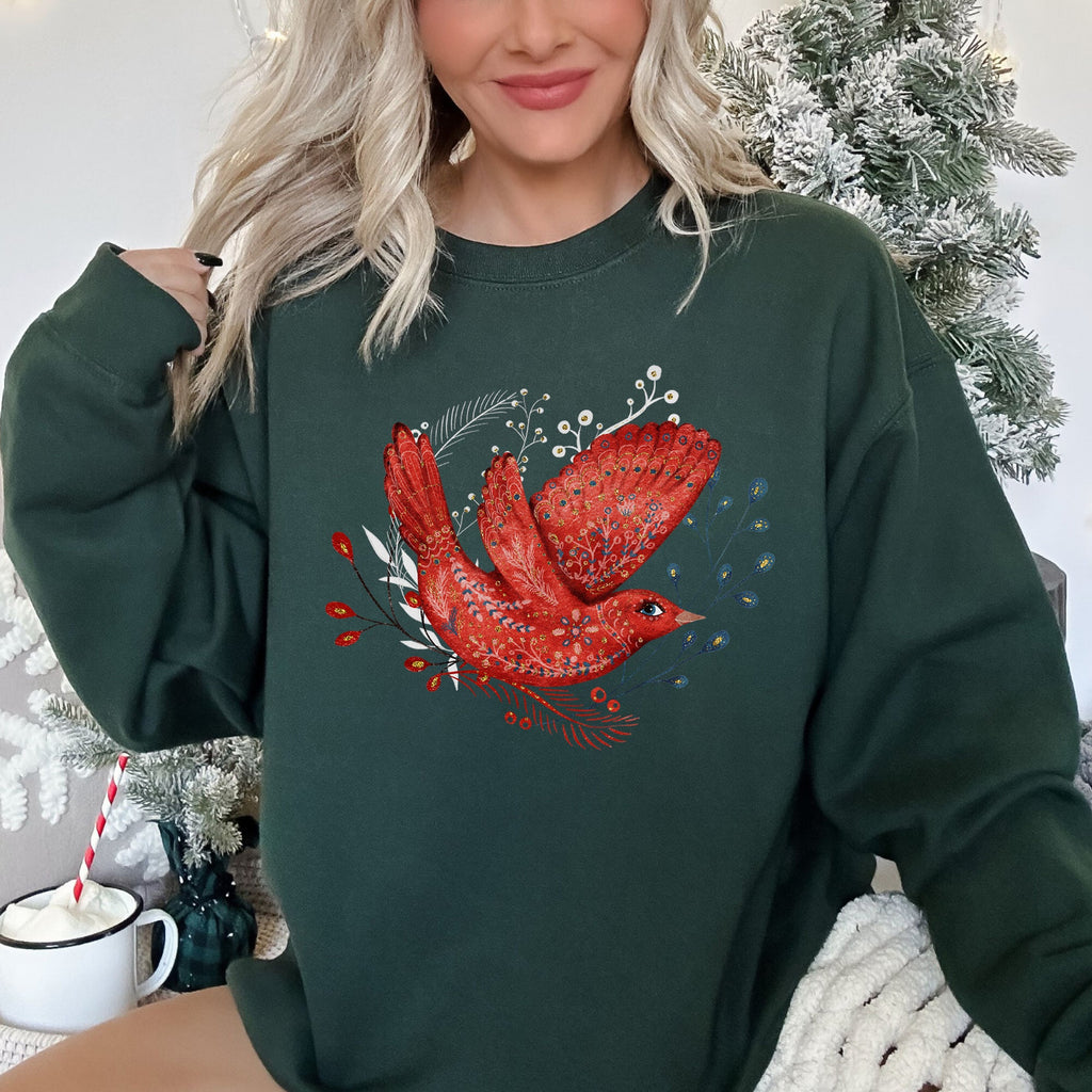 Red Bird Folk Art Scandinavian Winter Christmas Scene Cozy Festive Holiday Sweatshirt