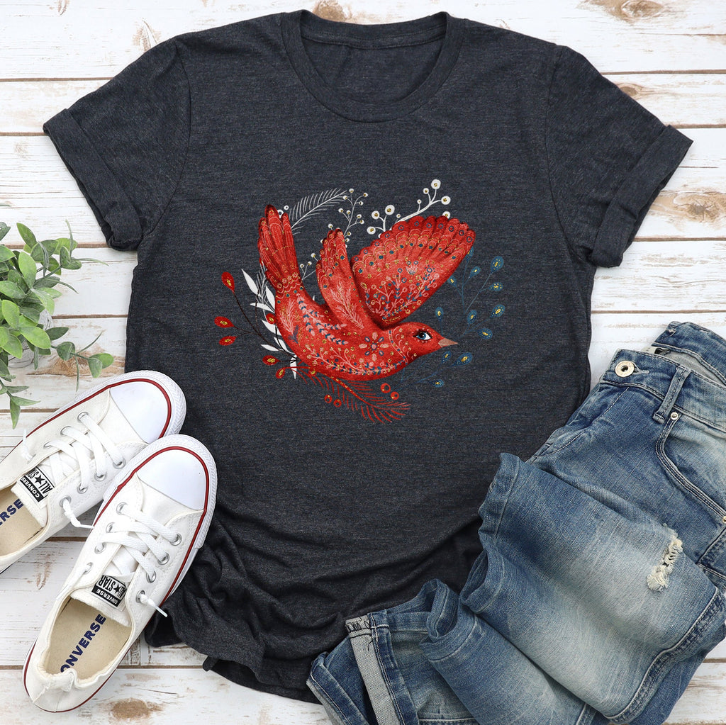Red Bird Folk Art Scandinavian Winter Christmas Patterned Illustration Graphic Tee