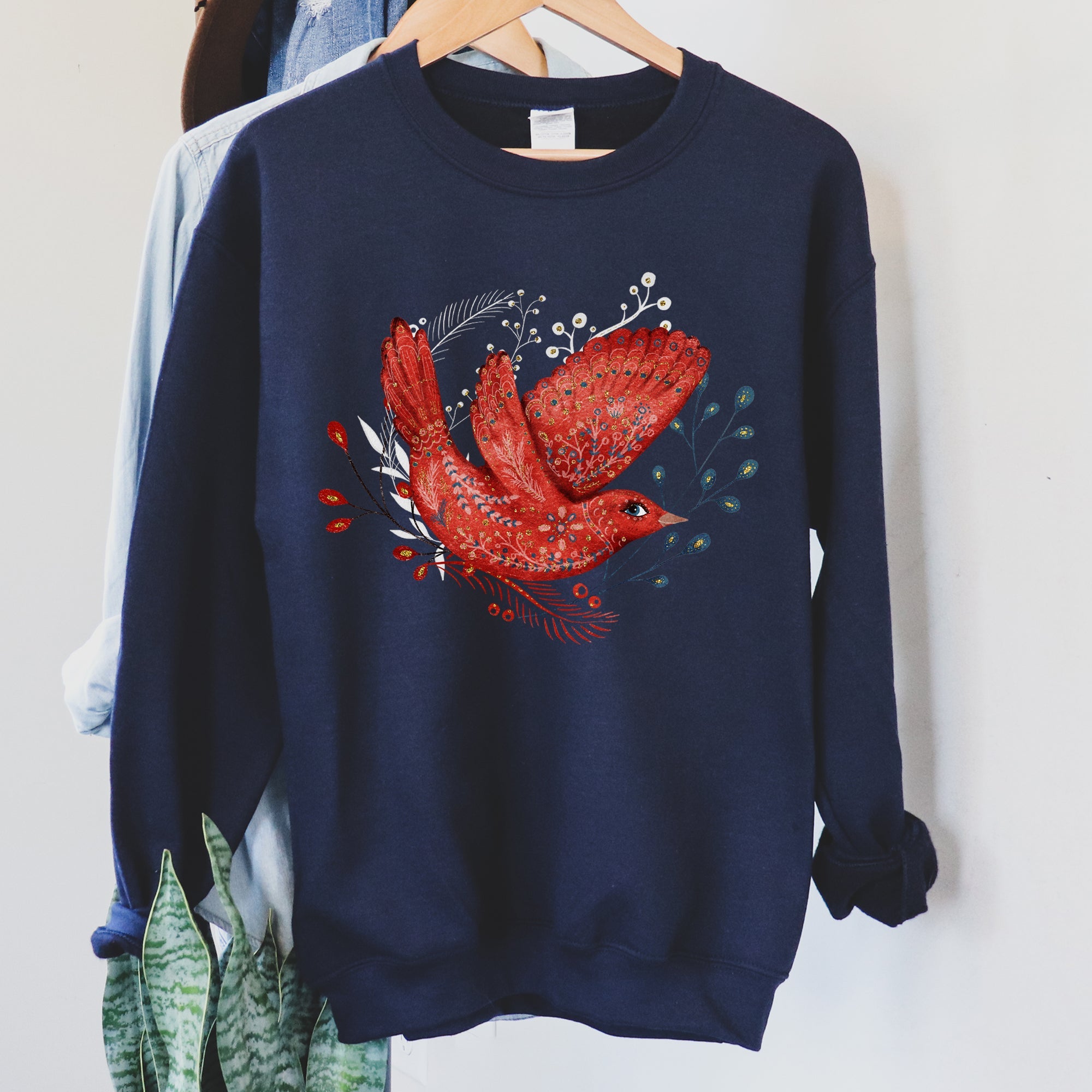Red Bird Folk Art Scandinavian Winter Christmas Scene Cozy Festive Holiday Sweatshirt