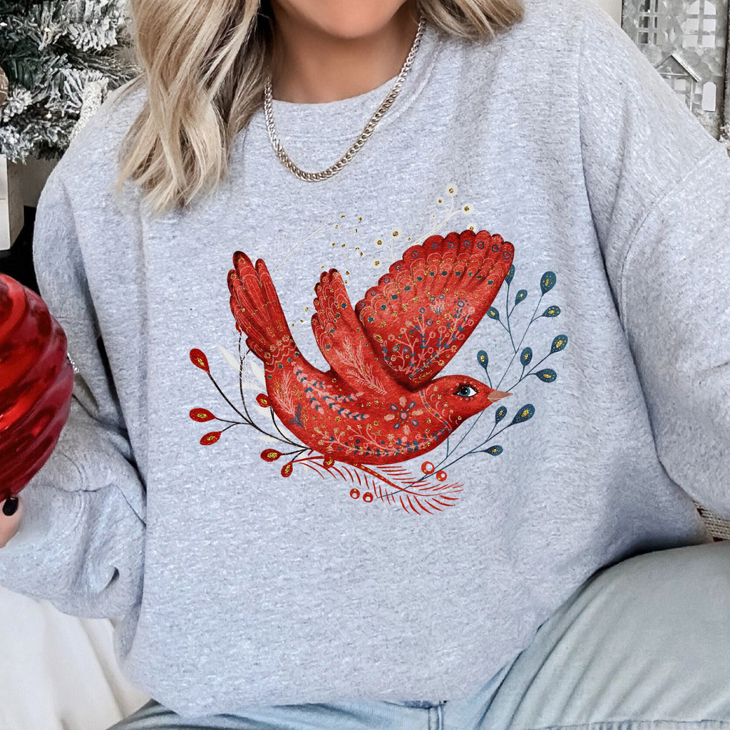 Red Bird Folk Art Scandinavian Winter Christmas Scene Cozy Festive Holiday Sweatshirt