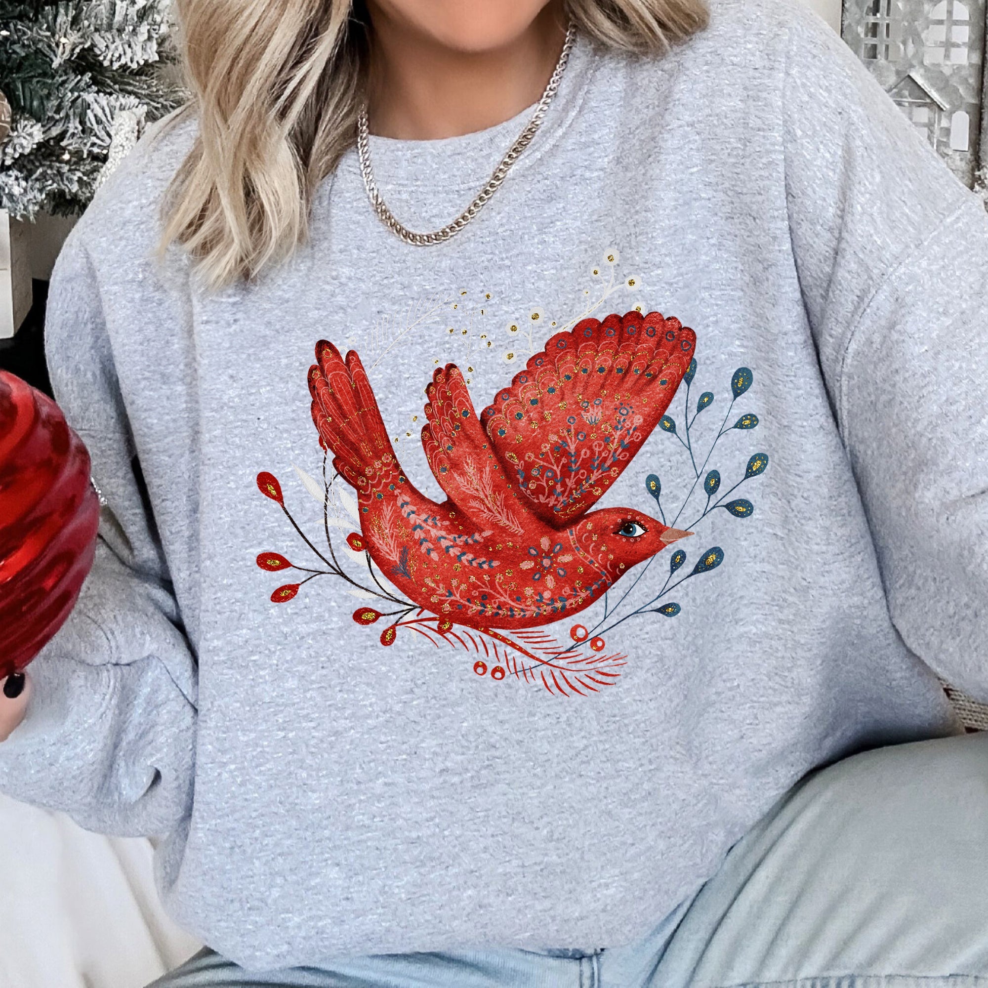Red Bird Folk Art Scandinavian Winter Christmas Scene Cozy Festive Holiday Sweatshirt