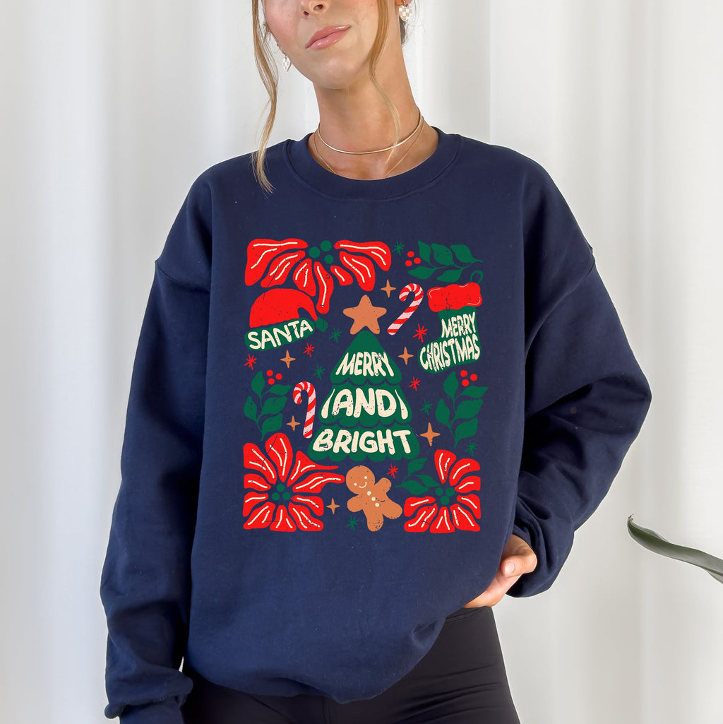 Merry And Bright Christmas Candy Cane Tree Floral Holiday Cheer Design Sweatshirt