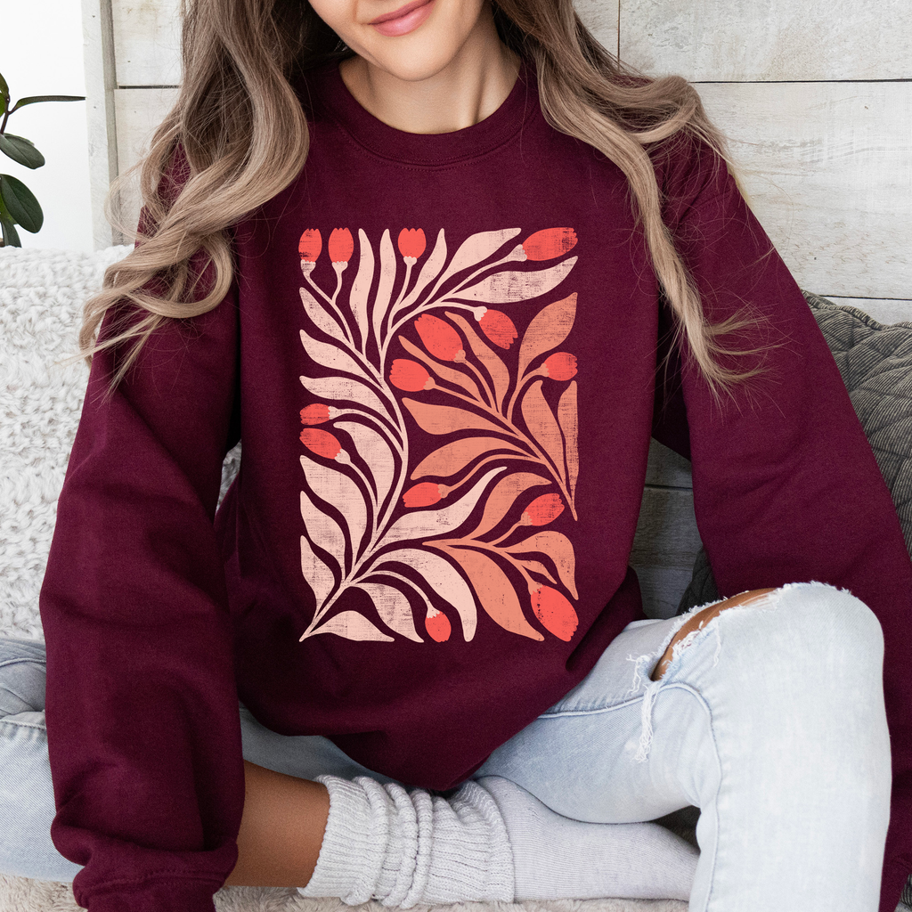 Red Tulip Flower Pattern Vintage Boho Nature Inspired Floral Motif With Rustic Charm Sweatshirt