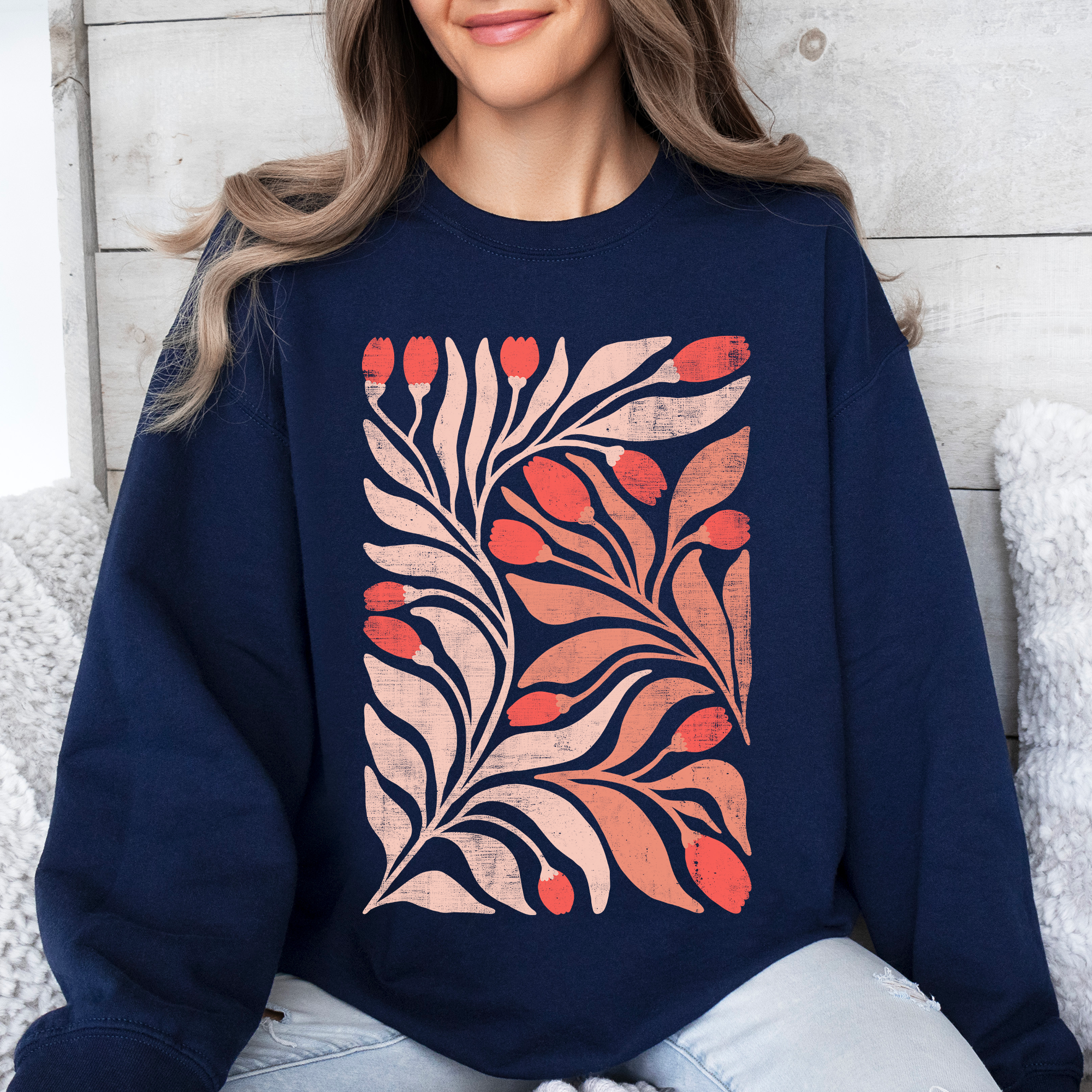 Red Tulip Flower Pattern Vintage Boho Nature Inspired Floral Motif With Rustic Charm Sweatshirt