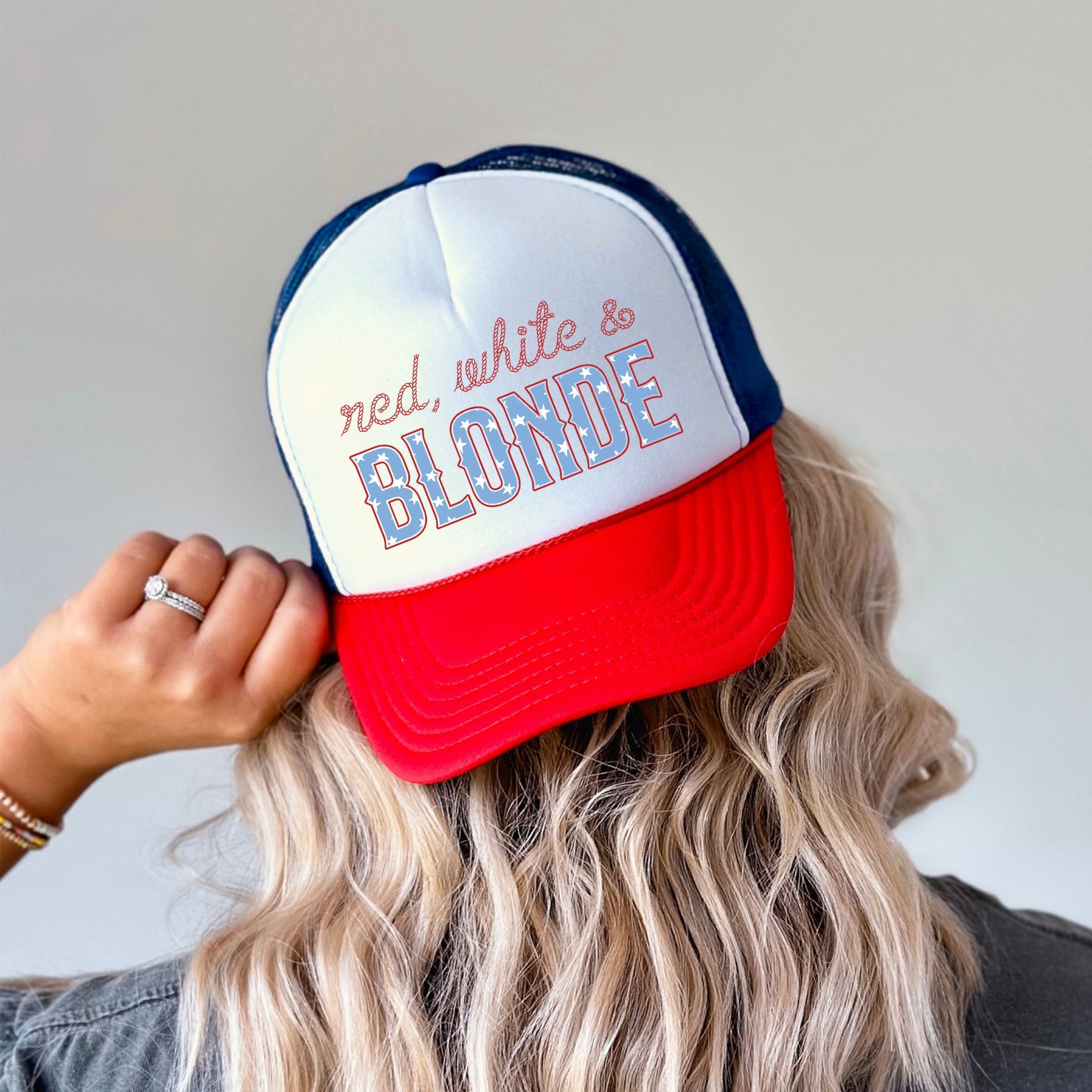 Red White And Blonde Sassy Patriotic Independence Day USA Flag Pride Edition Trucker Hat