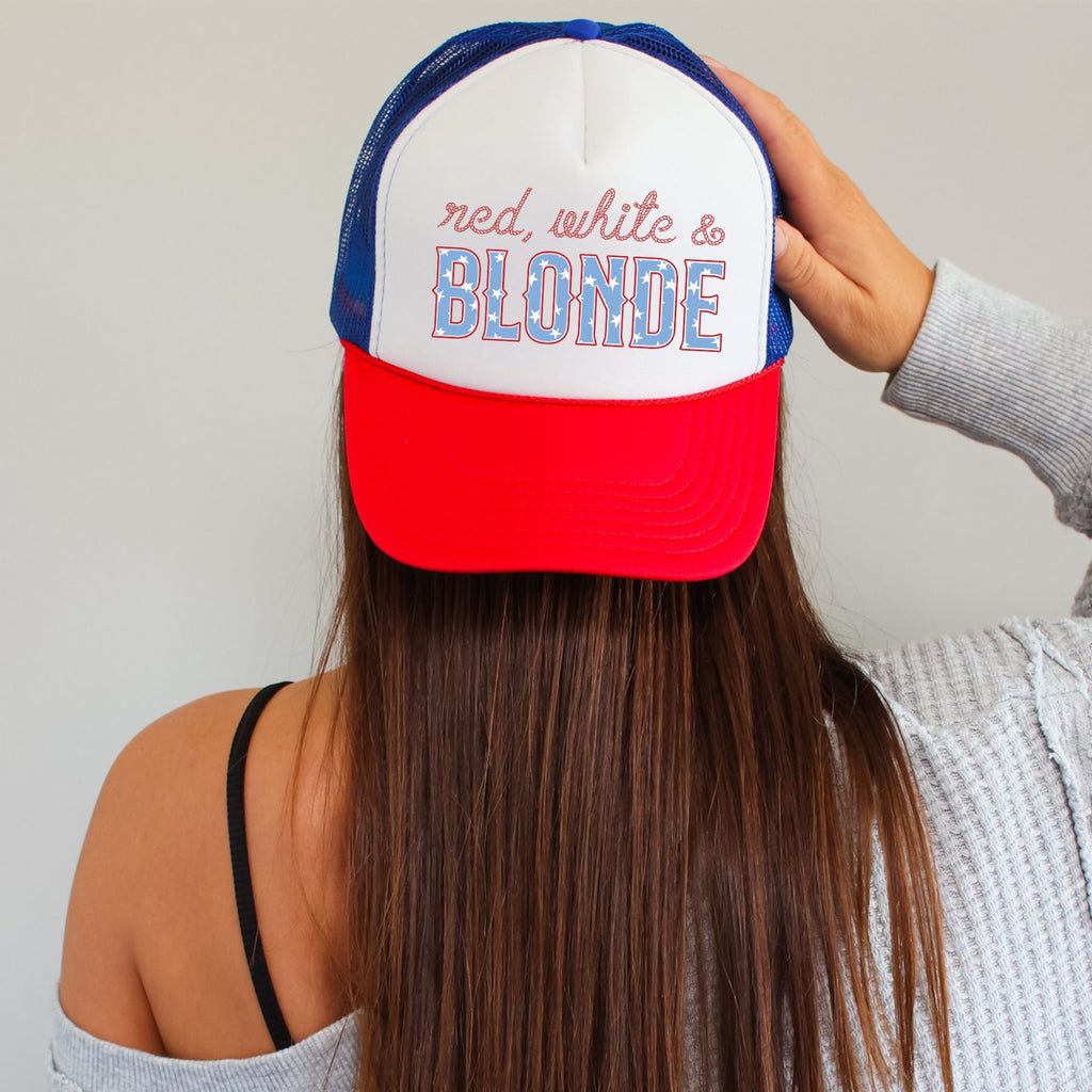 Red White And Blonde Sassy Patriotic Independence Day USA Flag Pride Edition Trucker Hat