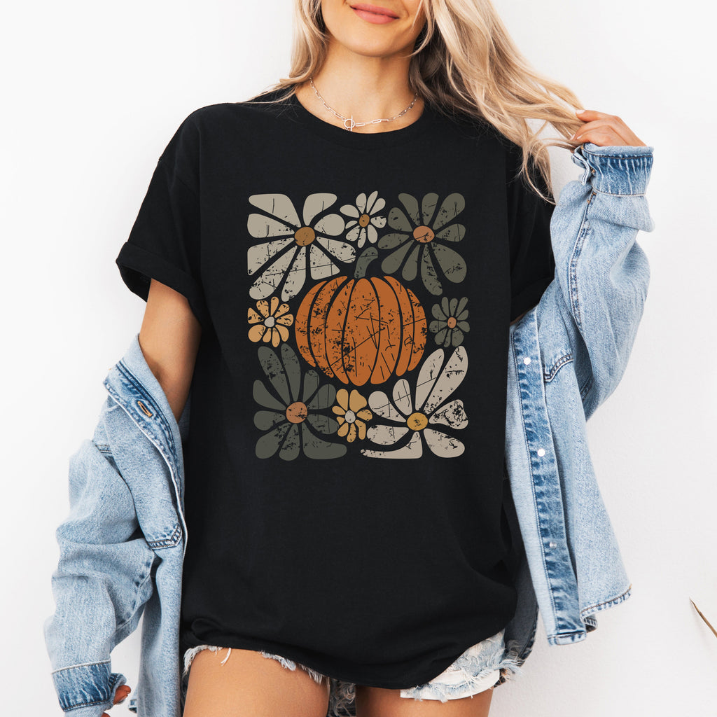 Retro Autumn Pumpkin and Flowers Fall Halloween Edition Vintage Inspired Floral Print Graphic Tee