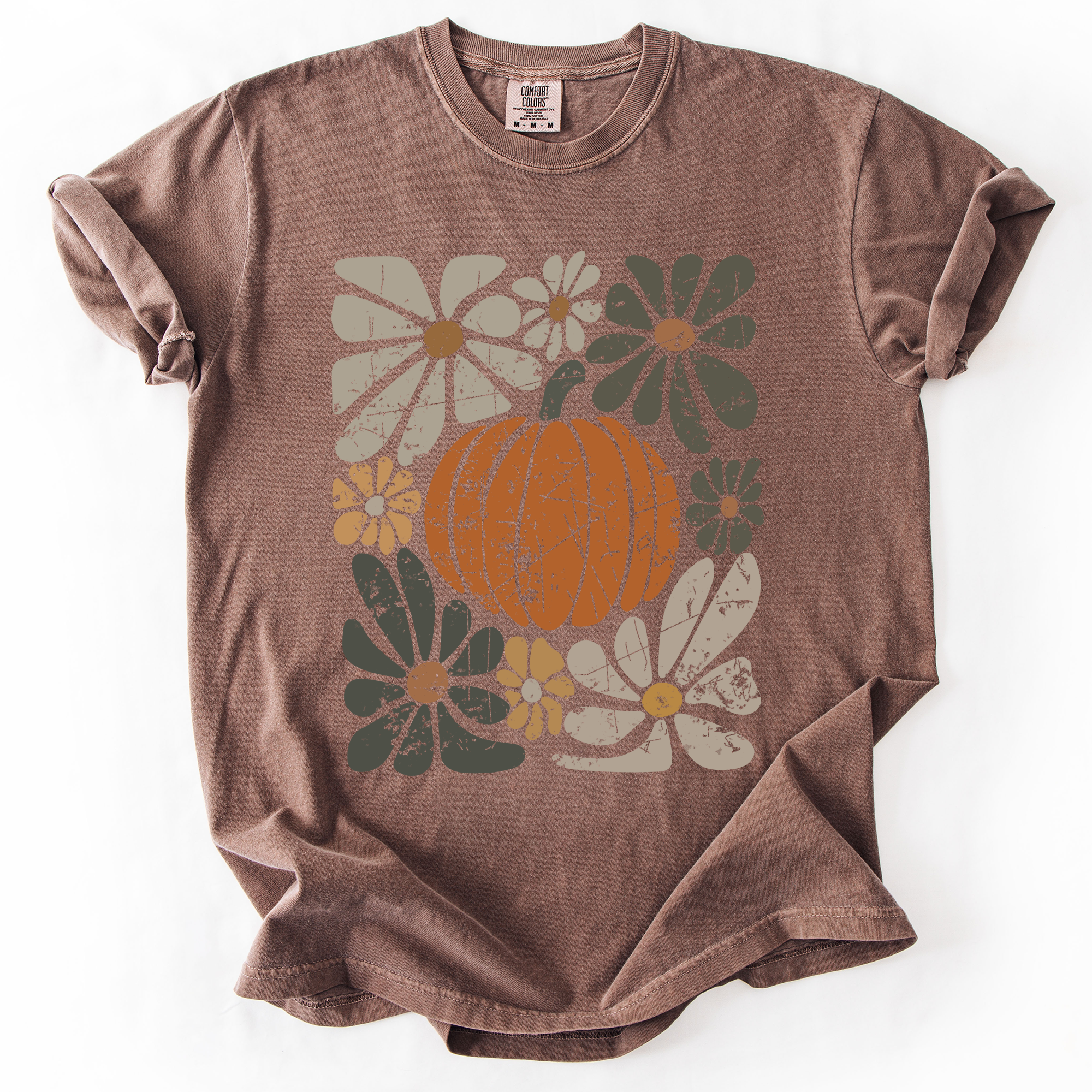 Retro Autumn Pumpkin and Flowers Watercolor Garden Scene Halloween Vibes Comfort Colors Tee