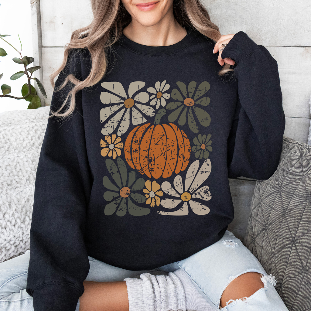 Retro Autumn Floral Pocket With Sunflowers Pumpkins Leaves And Seasonal Cozy Charm Sweatshirt