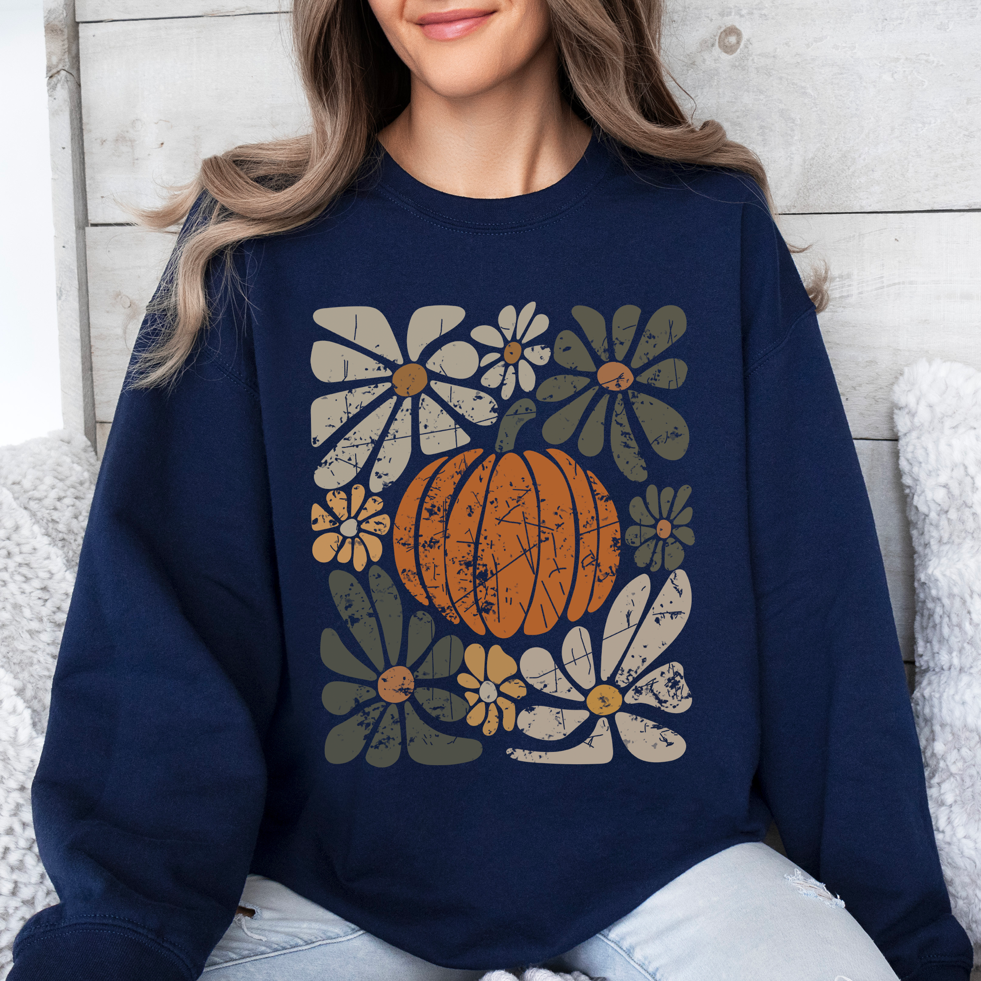 Retro Autumn Floral Pocket With Sunflowers Pumpkins Leaves And Seasonal Cozy Charm Sweatshirt