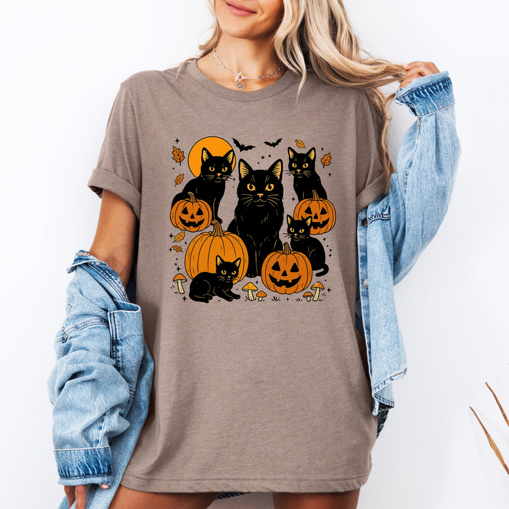 Retro Black Cats And Pumpkins Halloween Spooky Night Vintage Illustration Edition Graphic Tee