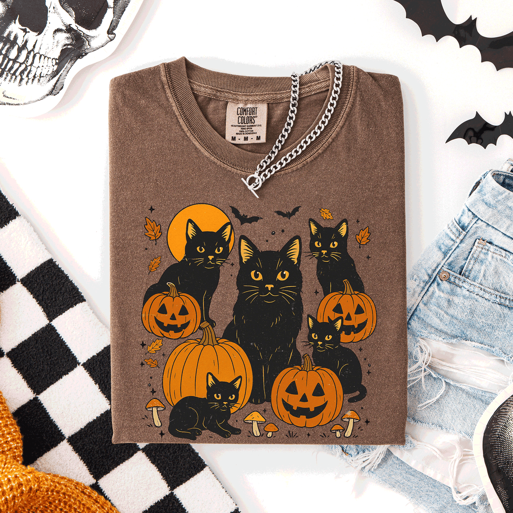 Retro Black Cats And Pumpkins Halloween Spooky Night Scene Edition Comfort Colors Tee