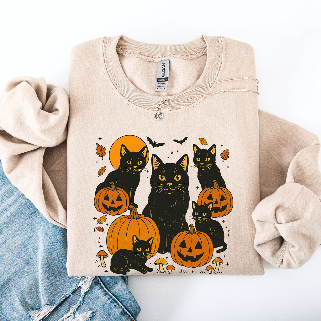 Retro Black Cats, Pumpkins, Halloween, Spooky Vintage Autumn Nightfall Celebration Edition Sweatshirt