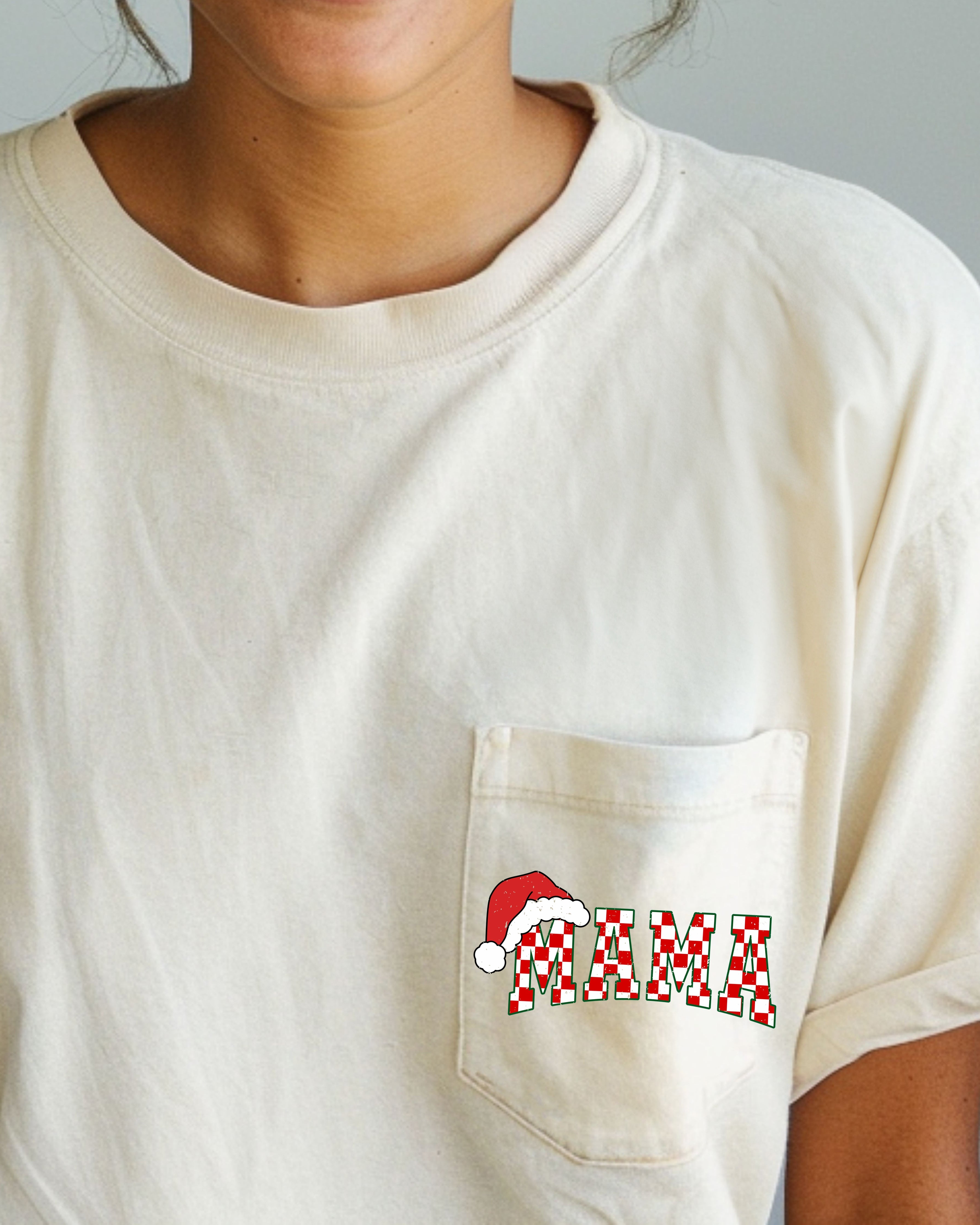 Retro Christmas Mama Checkered Pocket Santa Snow Winter Xmas Edition Comfort Colors Tee
