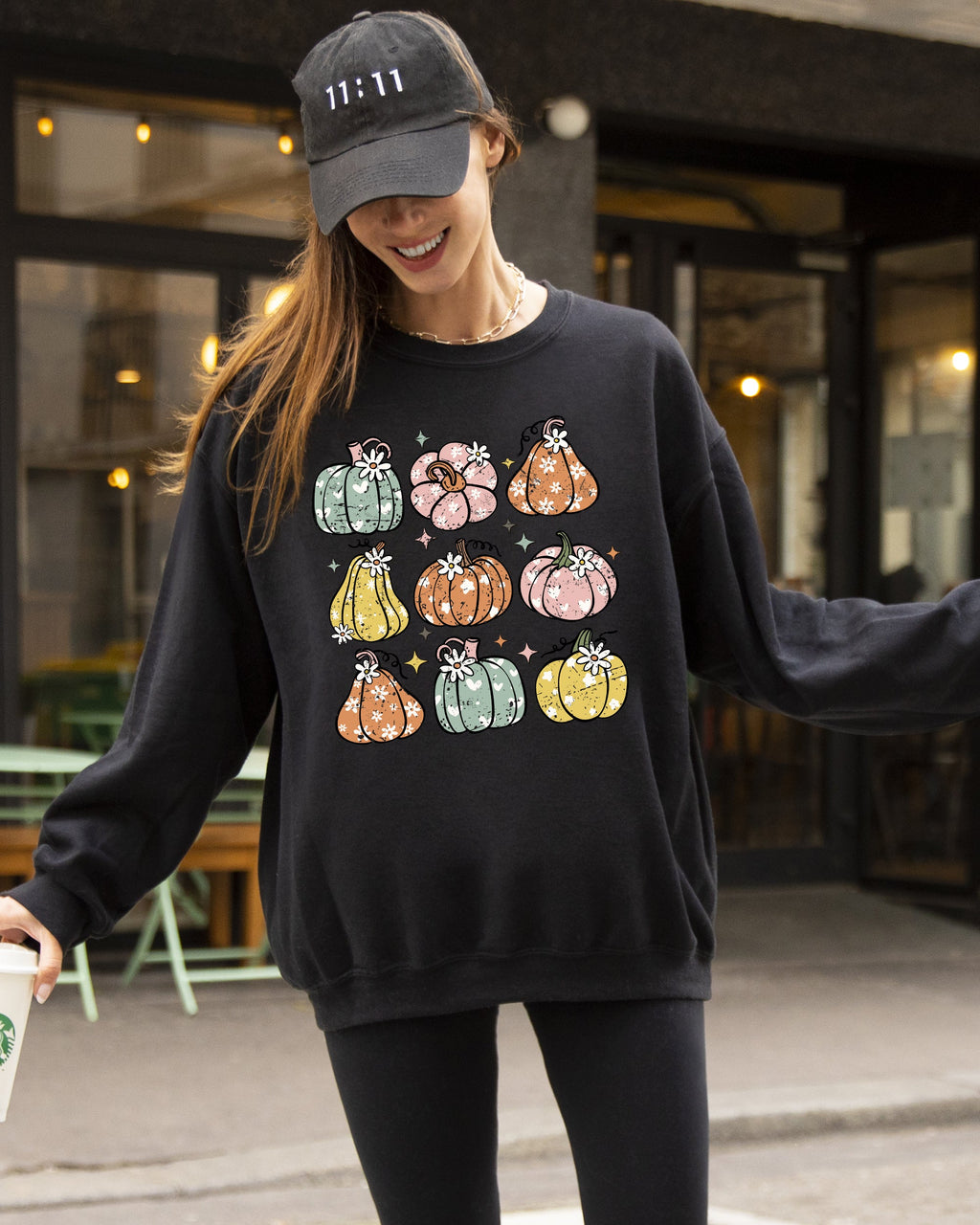 Cozy Retro Colorful Floral Pumpkins Halloween Jack-O-Lantern Fall Autumn Sweatshirt