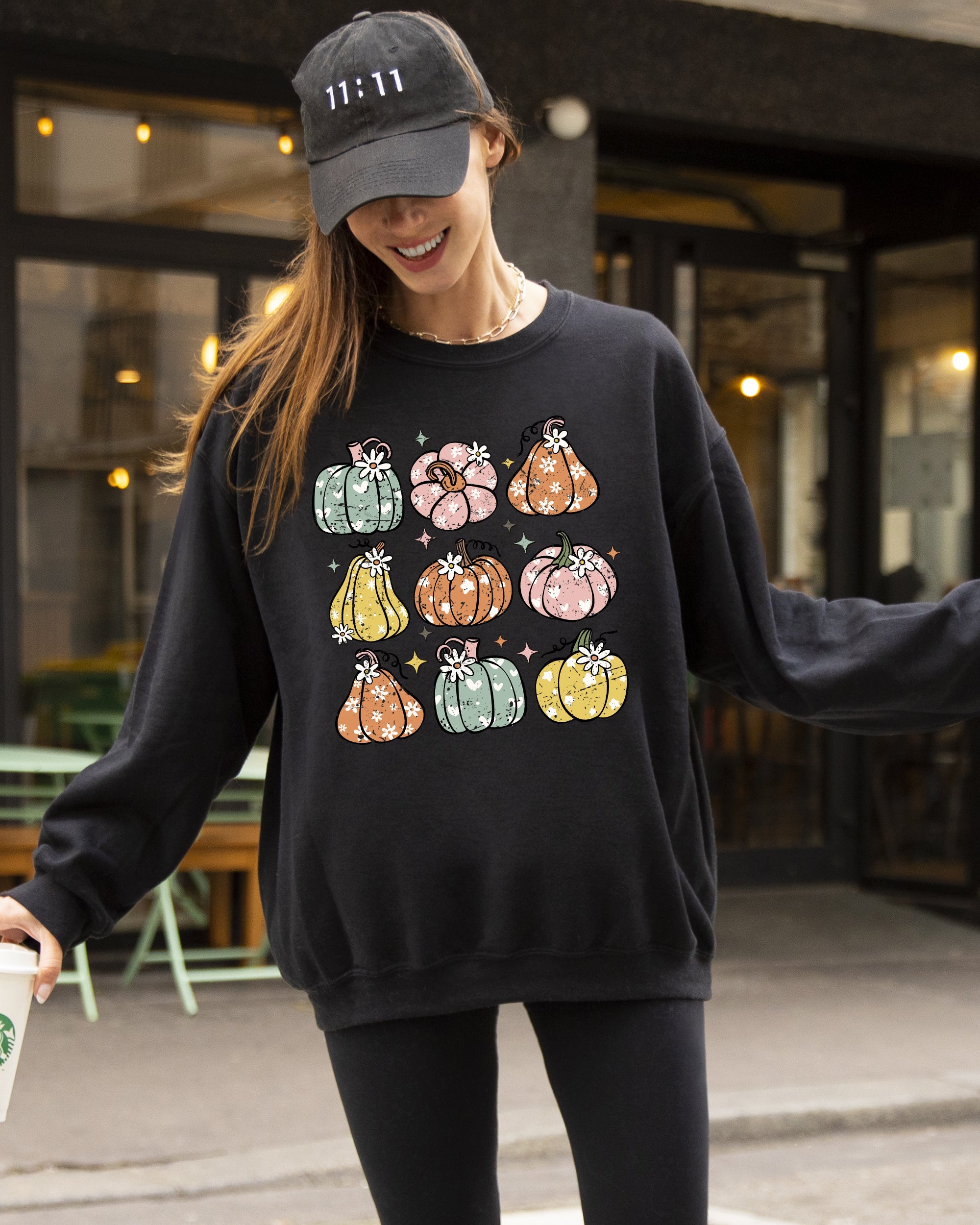 Cozy Retro Colorful Floral Pumpkins Halloween Jack-O-Lantern Fall Autumn Sweatshirt