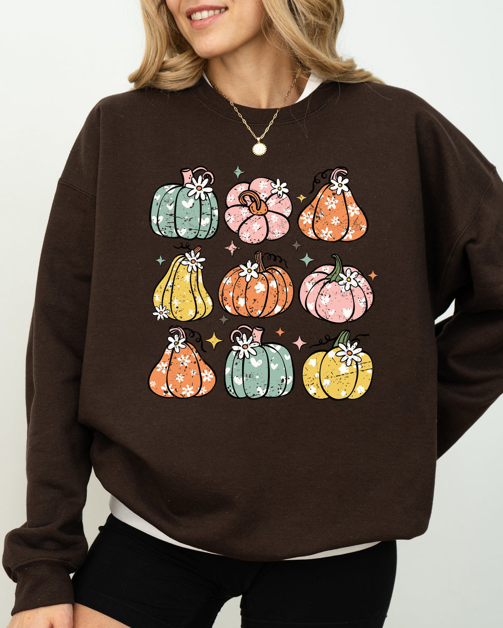 Cozy Retro Colorful Floral Pumpkins Halloween Jack-O-Lantern Fall Autumn Sweatshirt
