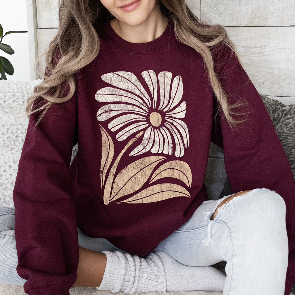 Cozy Soft Retro Flower Bold Floral Boho Print Fleece Lined Weekend Wear Sweatshirt